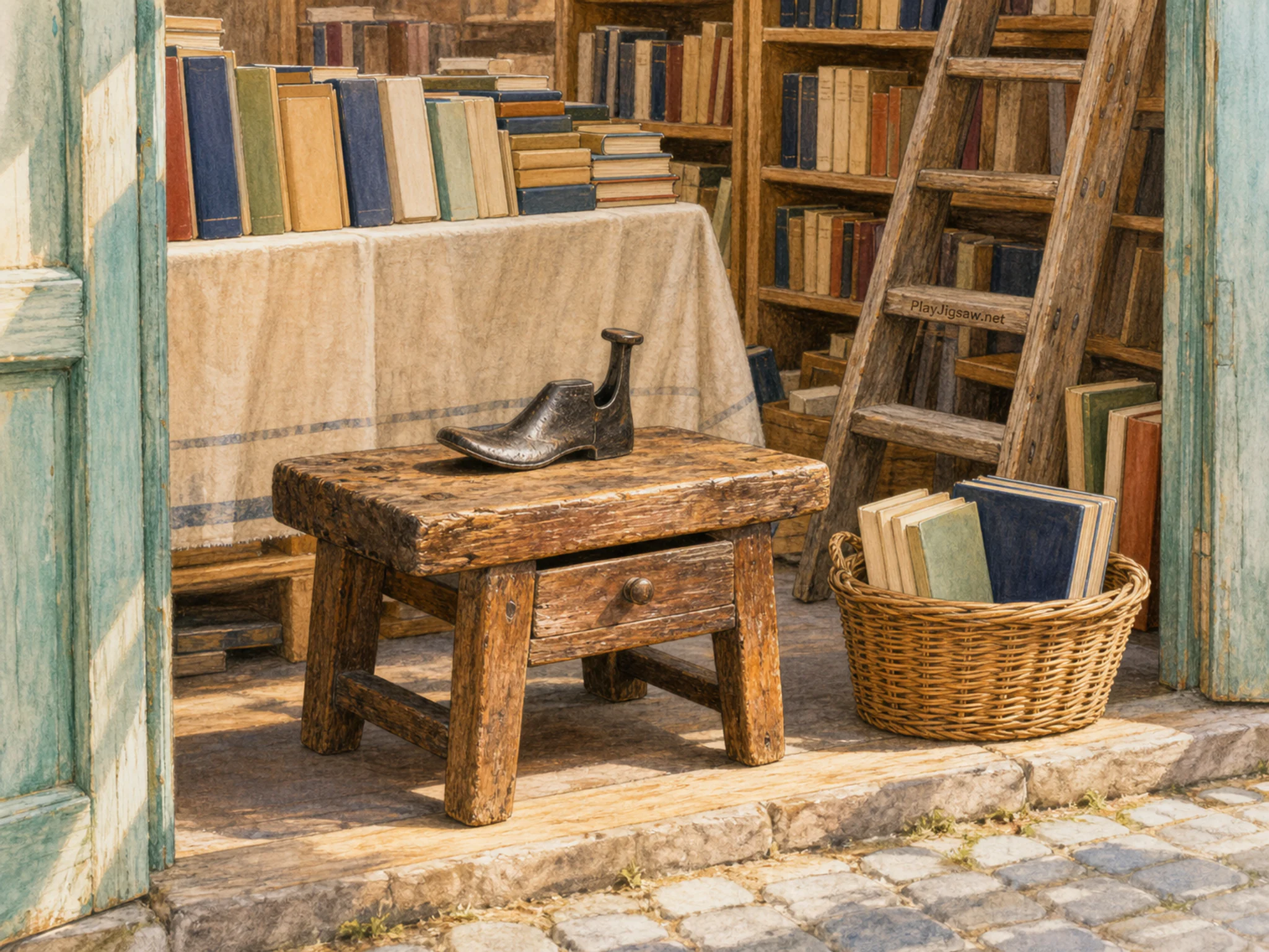 cobbler bench displayed naturally beside a wicker book basket in a secondhand book-market stall with blank spines and a wooden ladder, with familiar objects and warm late-day.