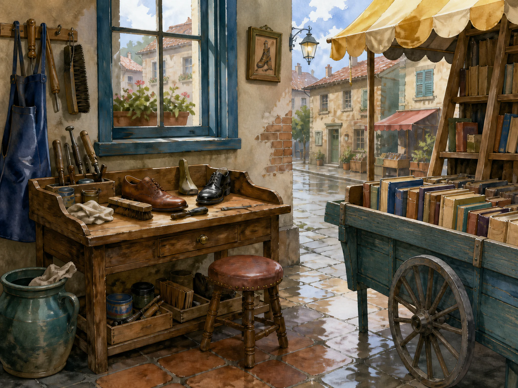 cobbler bench displayed naturally beside a handcart of blank-spine books in a second neighborhood book-market stall with a wooden ladder, with familiar objects and sun after a.
