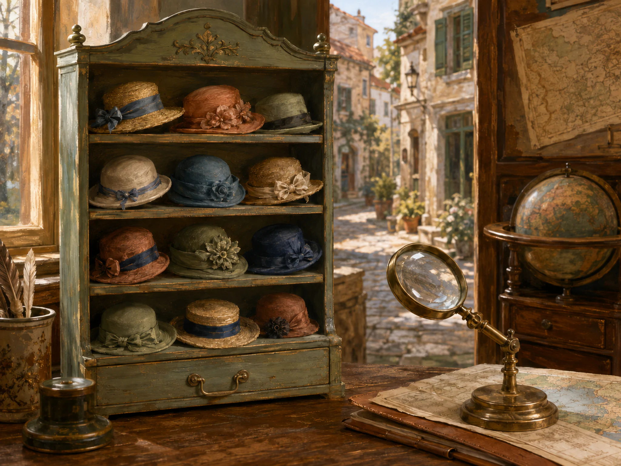 milliner shelf displayed naturally beside a brass magnifier in a familiar study with a globe cabinet and blank maps, with familiar objects and golden kitchen-window light.