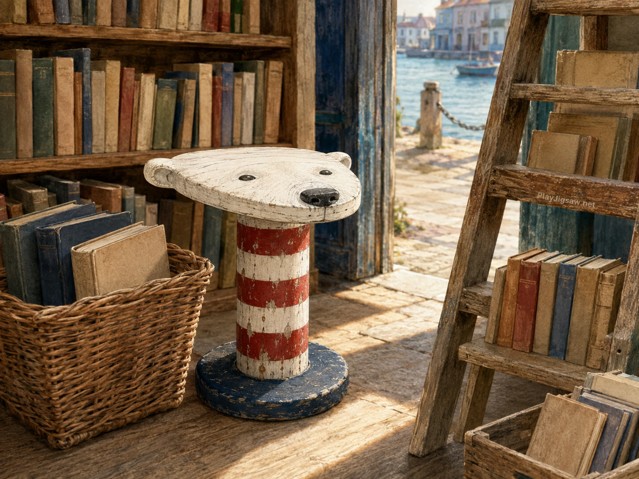 polar post table displayed naturally beside a wicker book basket in a secondhand book-market stall with blank spines and a wooden ladder, with familiar objects and warm late-day.