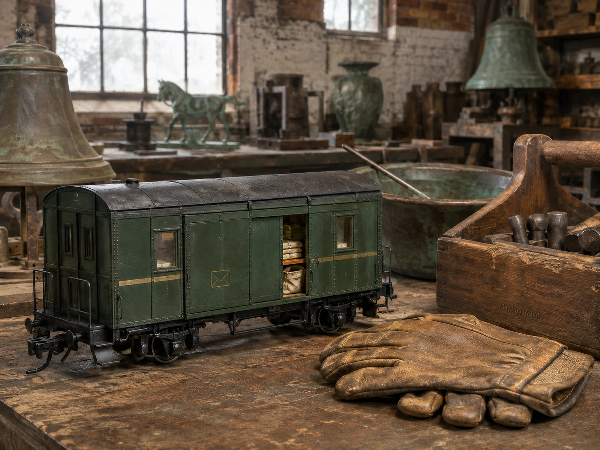 railway mail car displayed naturally beside a leather work glove in an old bronze-casting workbench inside a local foundry exhibit, with familiar objects and bright diffused.