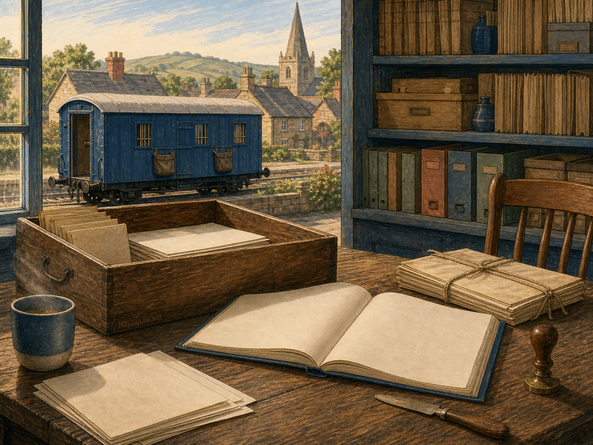 railway mail car displayed naturally beside a wooden document box in a village archive table with a reading register and blank documents, with familiar objects and clear.