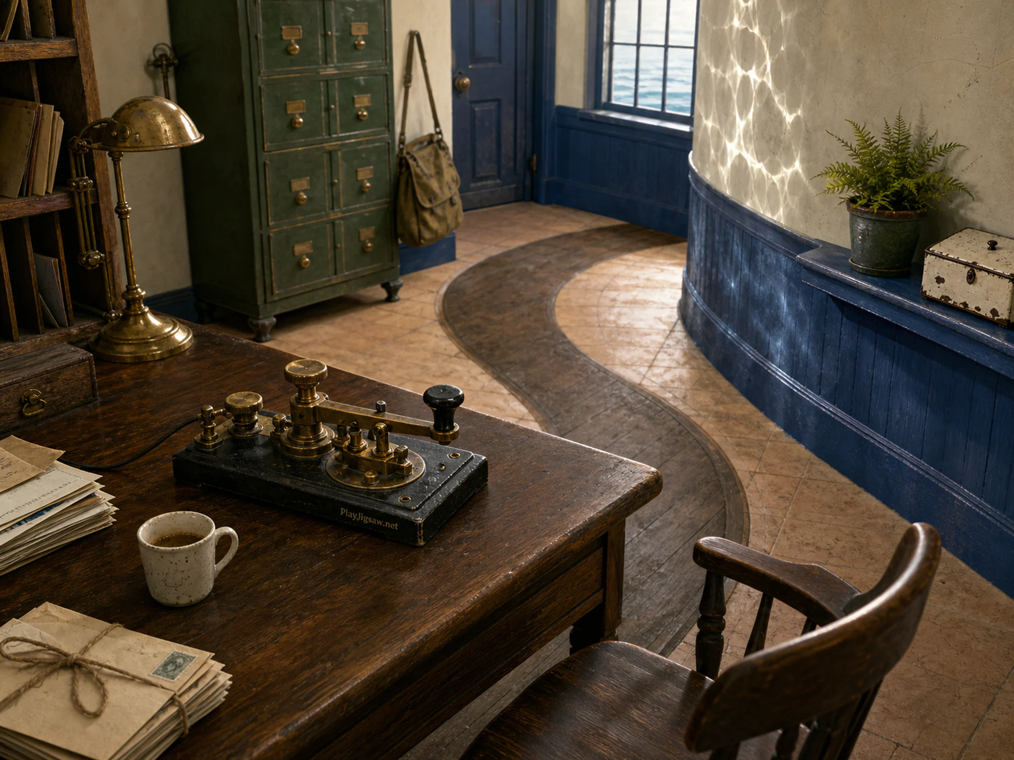 Telegraph Desk waiting beside black telegraph key in a compact communications office, composed as high oblique view with four large color zones connected by one S-shaped working.