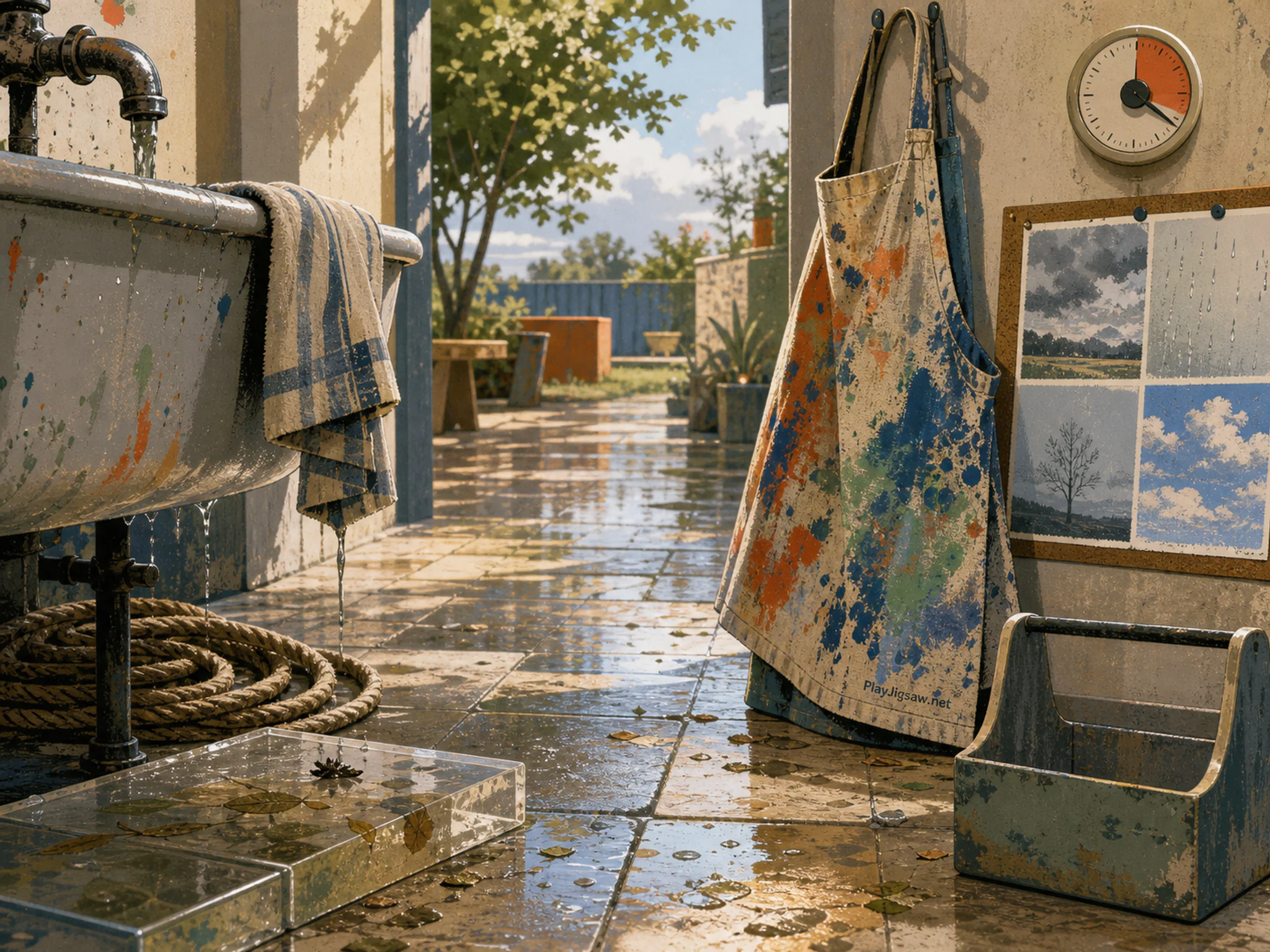 Art Sink drying near paint-splashed apron in a miniature storytelling corner, composed as central negative-space corridor surrounded by asymmetrical clusters of large.