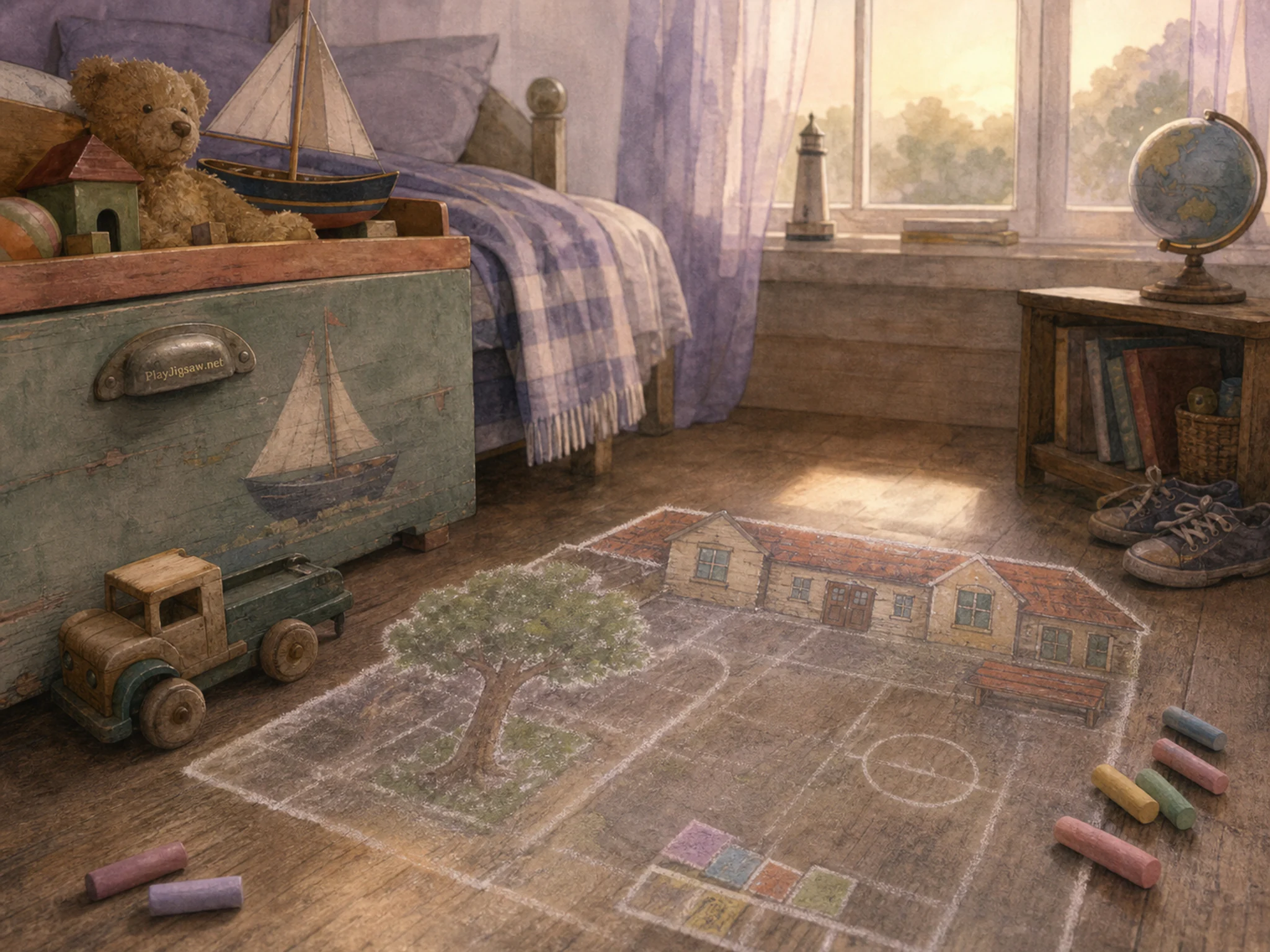 chalk courtyard set up naturally beside a painted toy chest without text in a familiar bedroom with a sailboat model and striped blanket, with familiar objects and calm misty dawn.