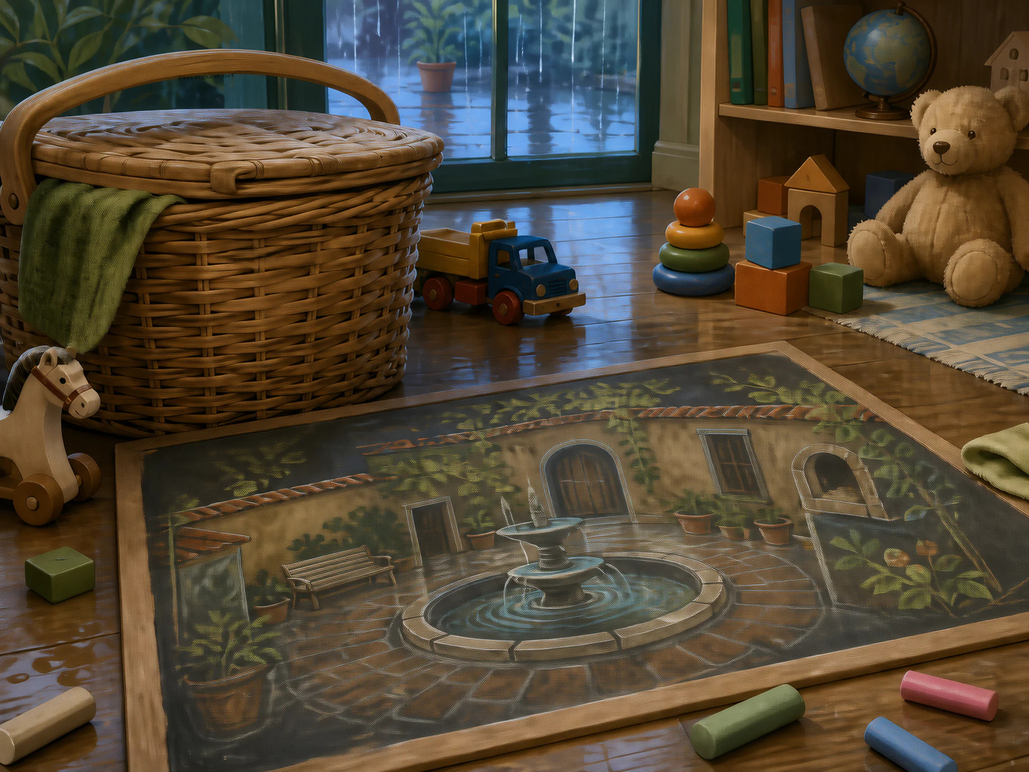 chalk courtyard set up naturally beside a lidded toy basket in a colorful playroom floor with familiar wooden toys, with familiar objects and gentle rain with crisp reflections.