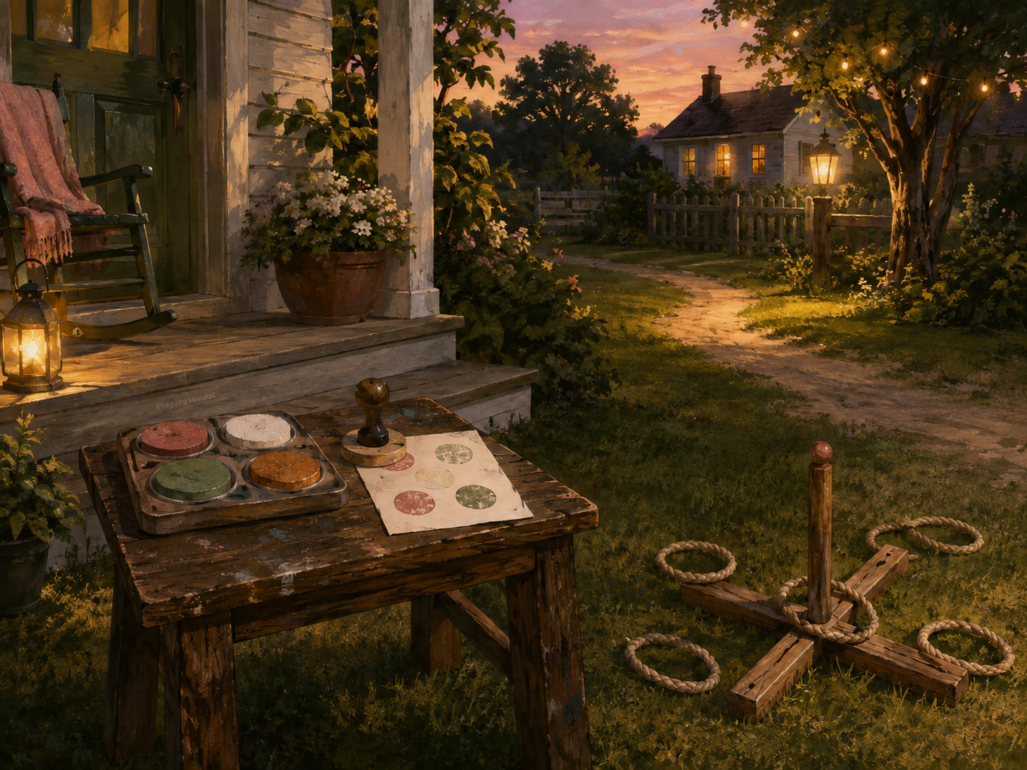 paint stamp table set up naturally beside a painted score peg without numbers in a backyard ring-toss setup beside a small porch, with familiar objects and warm lamplight at dusk.