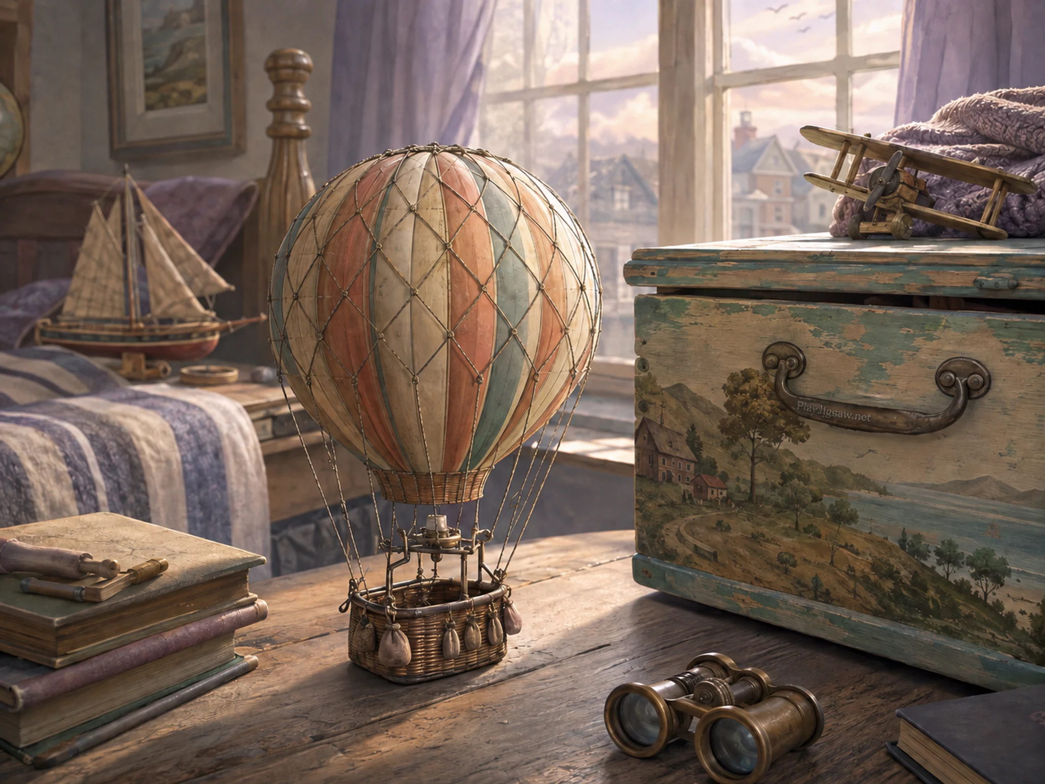 hot airship set up naturally beside a painted toy chest without text in a familiar bedroom with a sailboat model and striped blanket, with familiar objects and calm misty dawn.