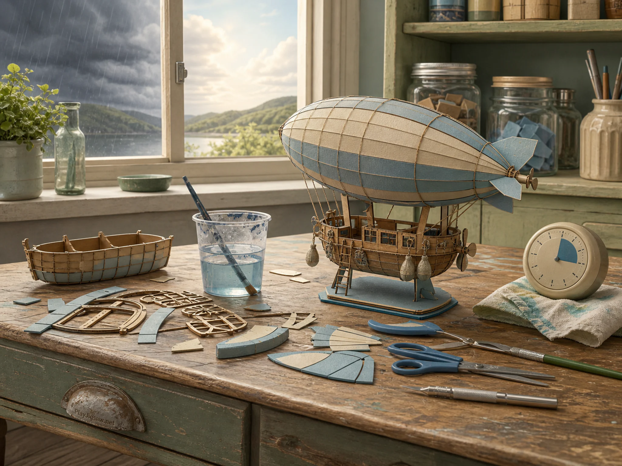 hot airship set up naturally beside a washable sample cup in a kitchen microscope activity table with jars and safe craft tools, with familiar objects and soft overcast afternoon.