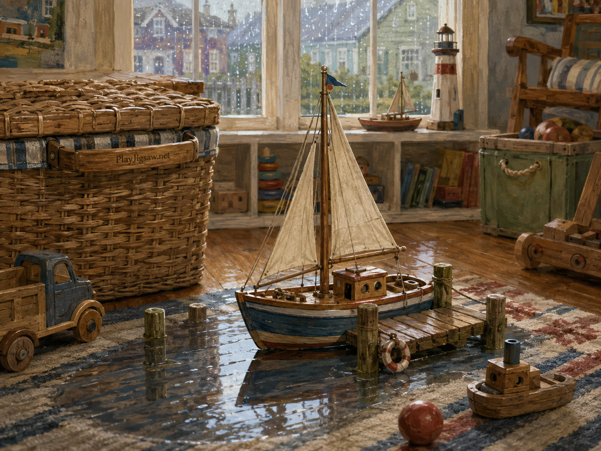sailboat dock set up naturally beside a lidded toy basket in a colorful playroom floor with familiar wooden toys, with familiar objects and gentle rain with crisp reflections.