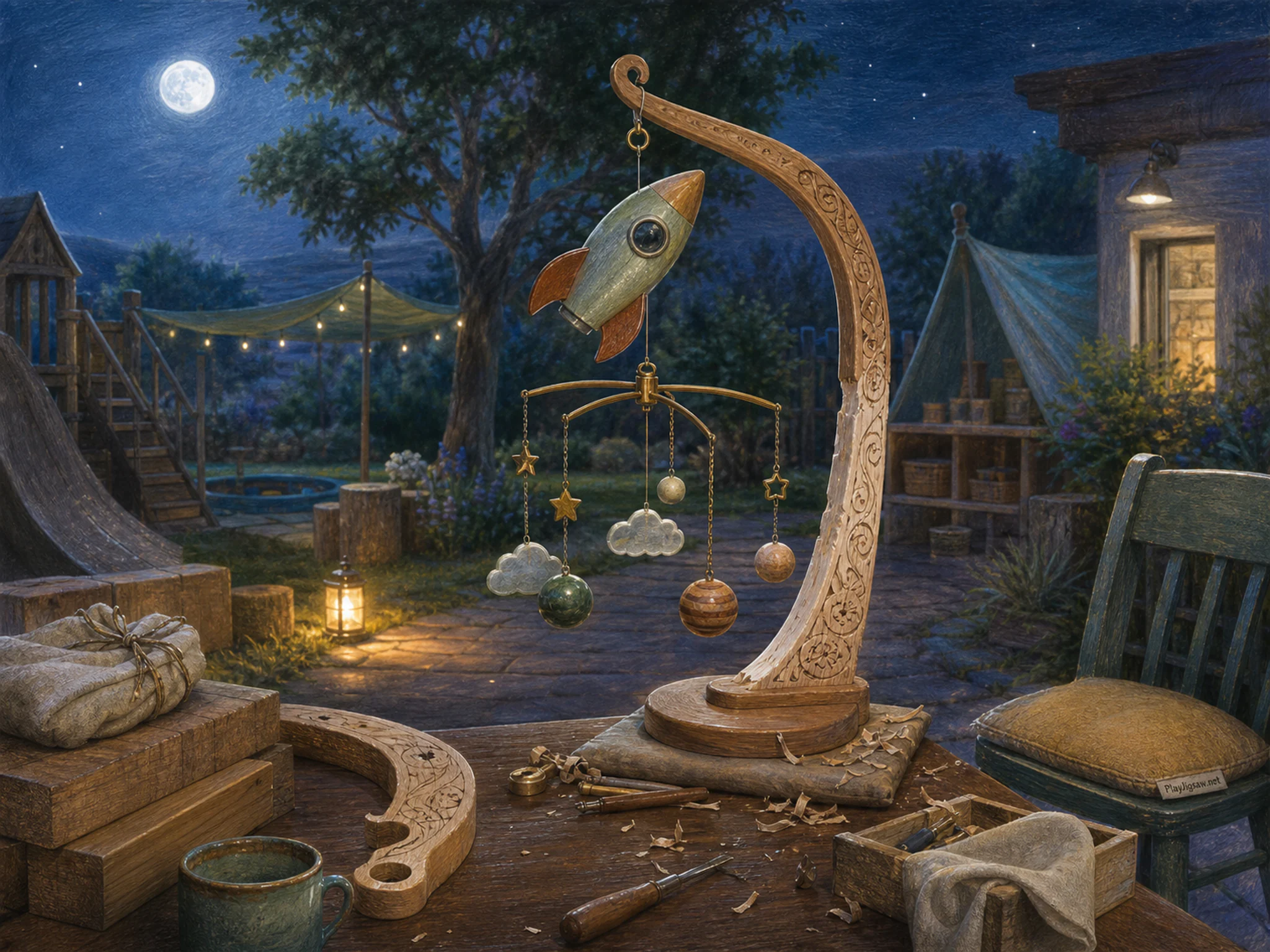 Rocket Mobile turning above carved mobile arm in a bright outdoor play space, composed as wide lateral workflow from raw material at left through transformation to finished state.