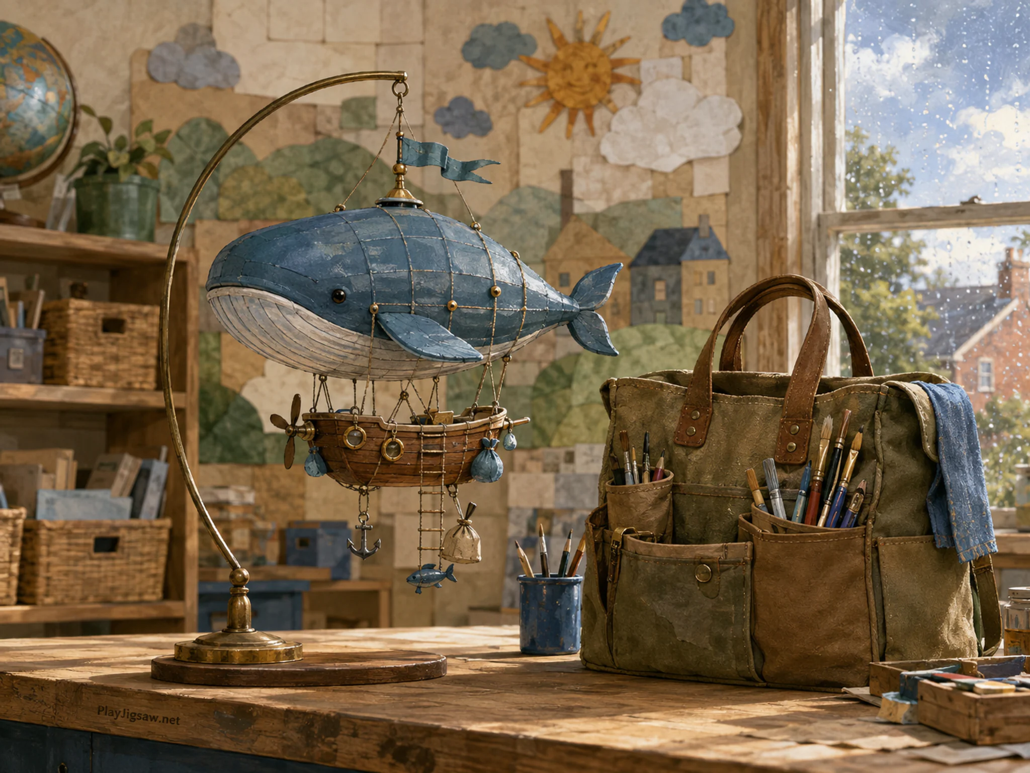 whale airship mobile set up naturally beside a canvas supply bag in a classroom paper-collage wall with a tidy craft table, with familiar objects and sun after a brief rain shower.