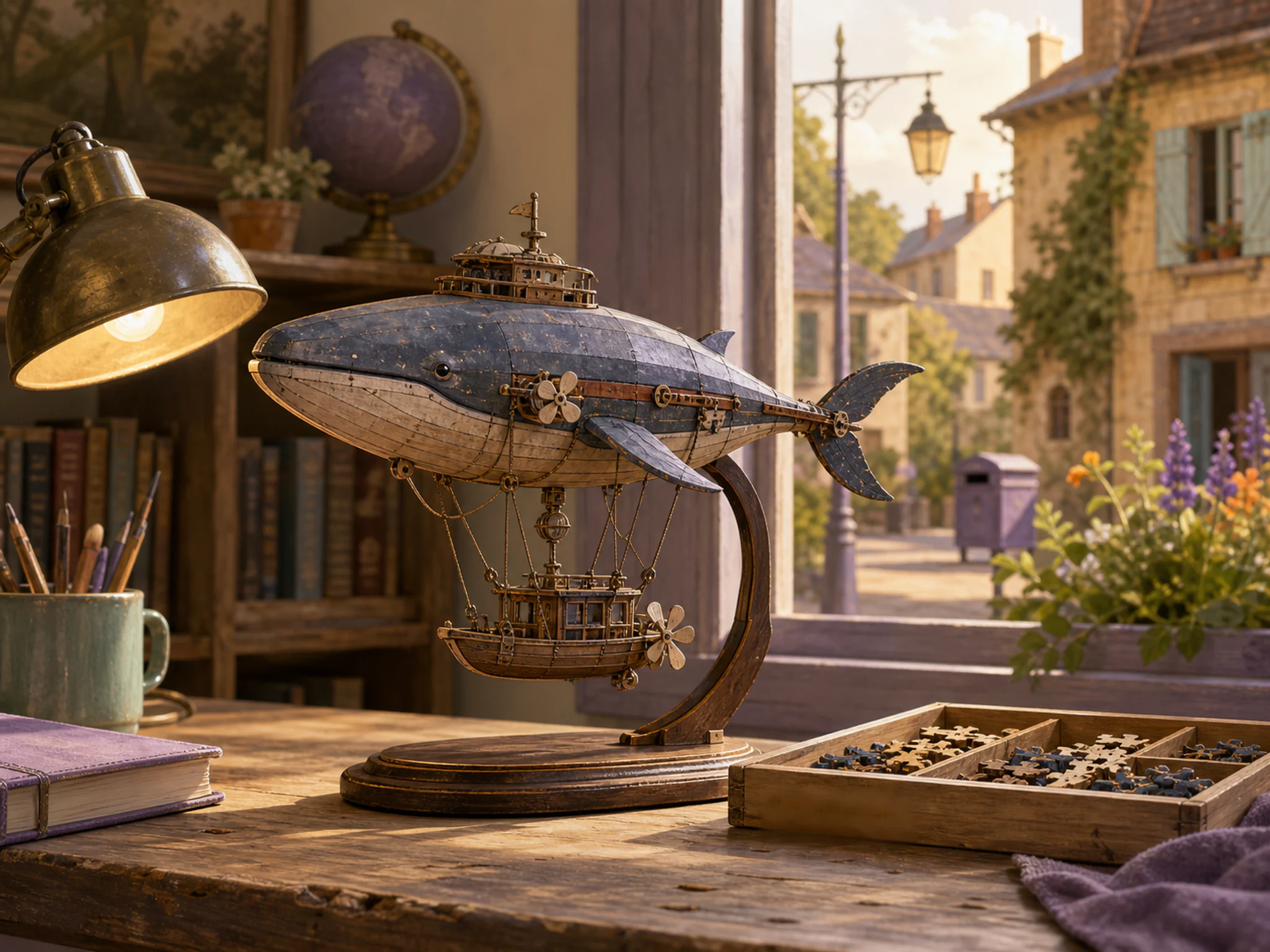 whale airship mobile set up naturally beside a small wooden parts tray in a bedroom moon-rover model desk with a desk lamp, with familiar objects and warm late-day sunlight.