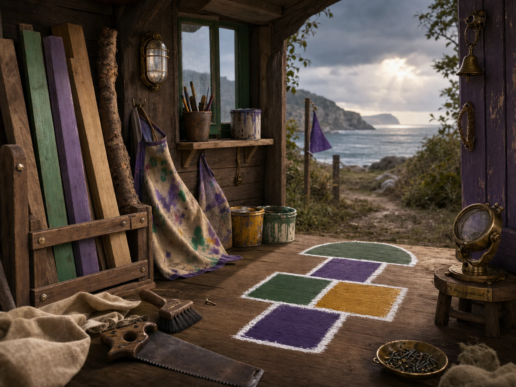 Hopscotch Court drying near paint-splashed apron in a cozy child-built hideaway, composed as wide lateral workflow from raw material at left through transformation to finished.