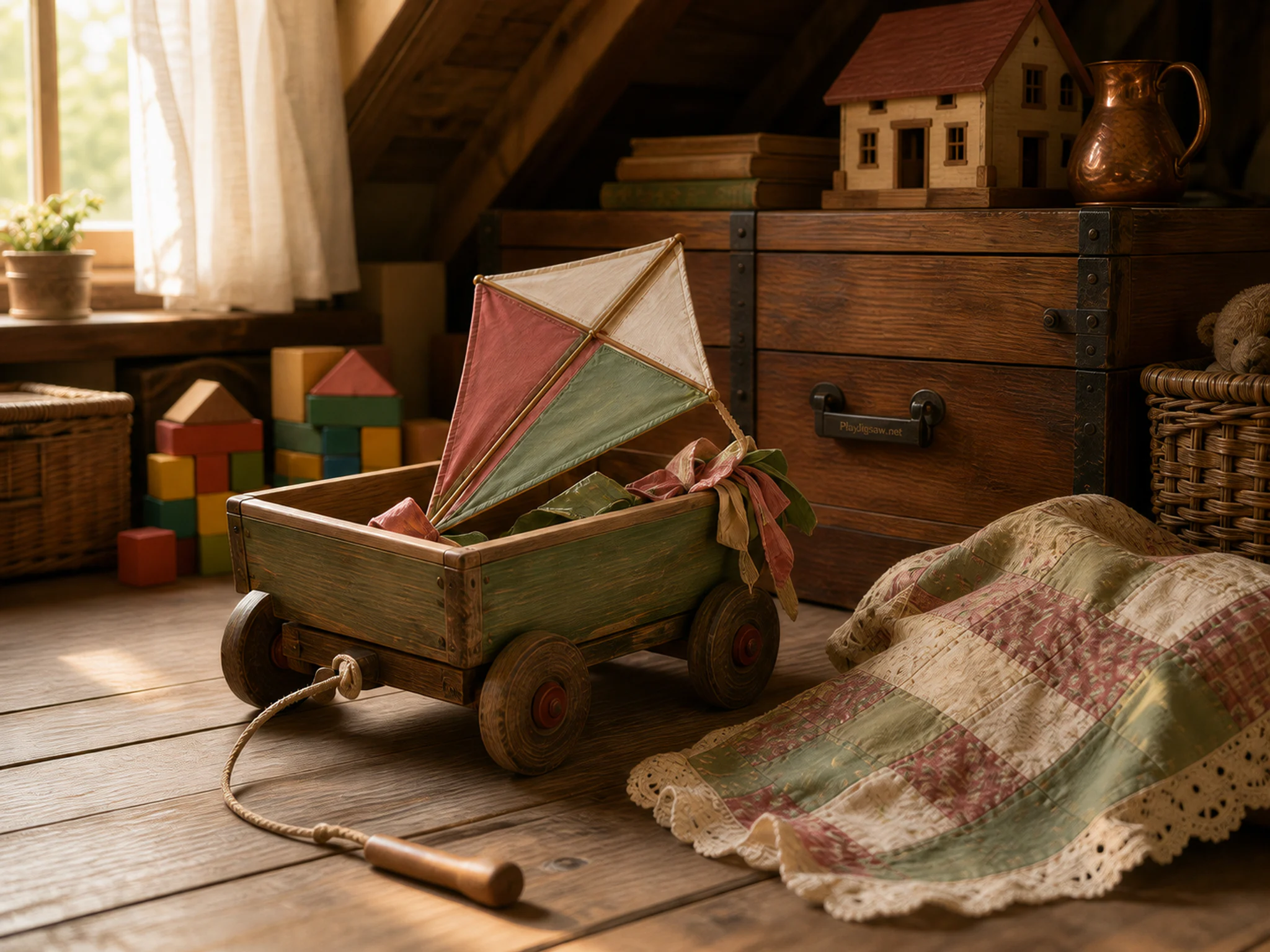 kite cart set up naturally beside a cloth doll blanket with no character in an attic toy-chest corner with building blocks, with familiar objects and golden kitchen-window light.