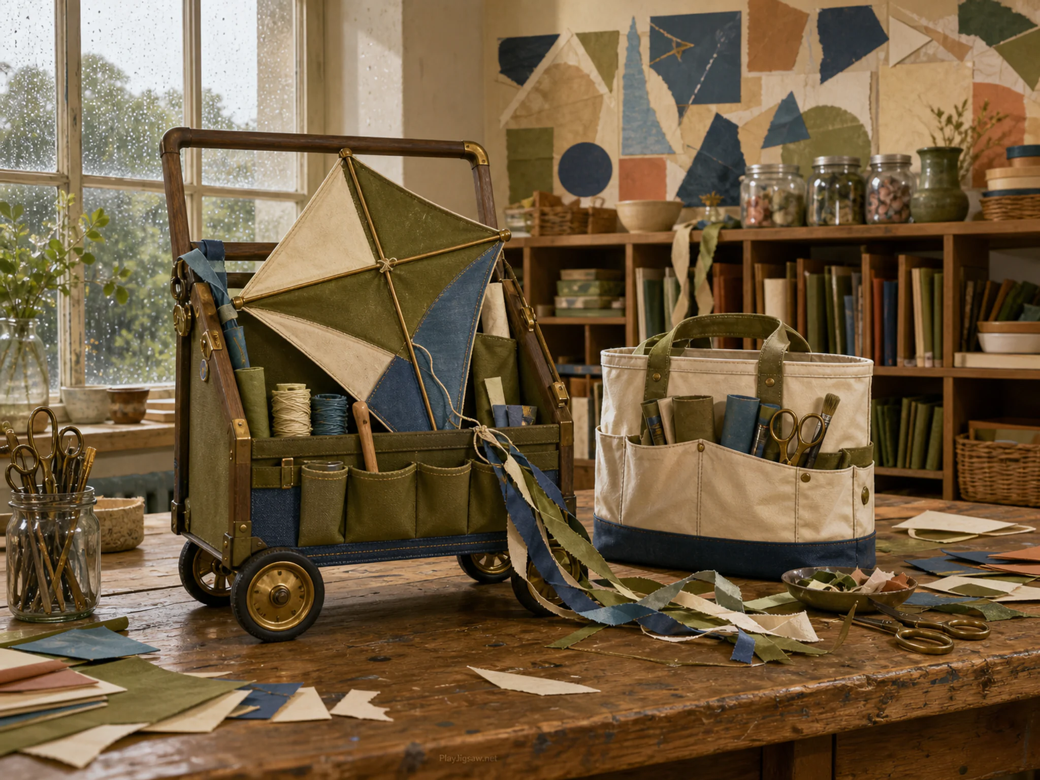 kite cart set up naturally beside a canvas supply bag in a classroom paper-collage wall with a tidy craft table, with familiar objects and sun after a brief rain shower.