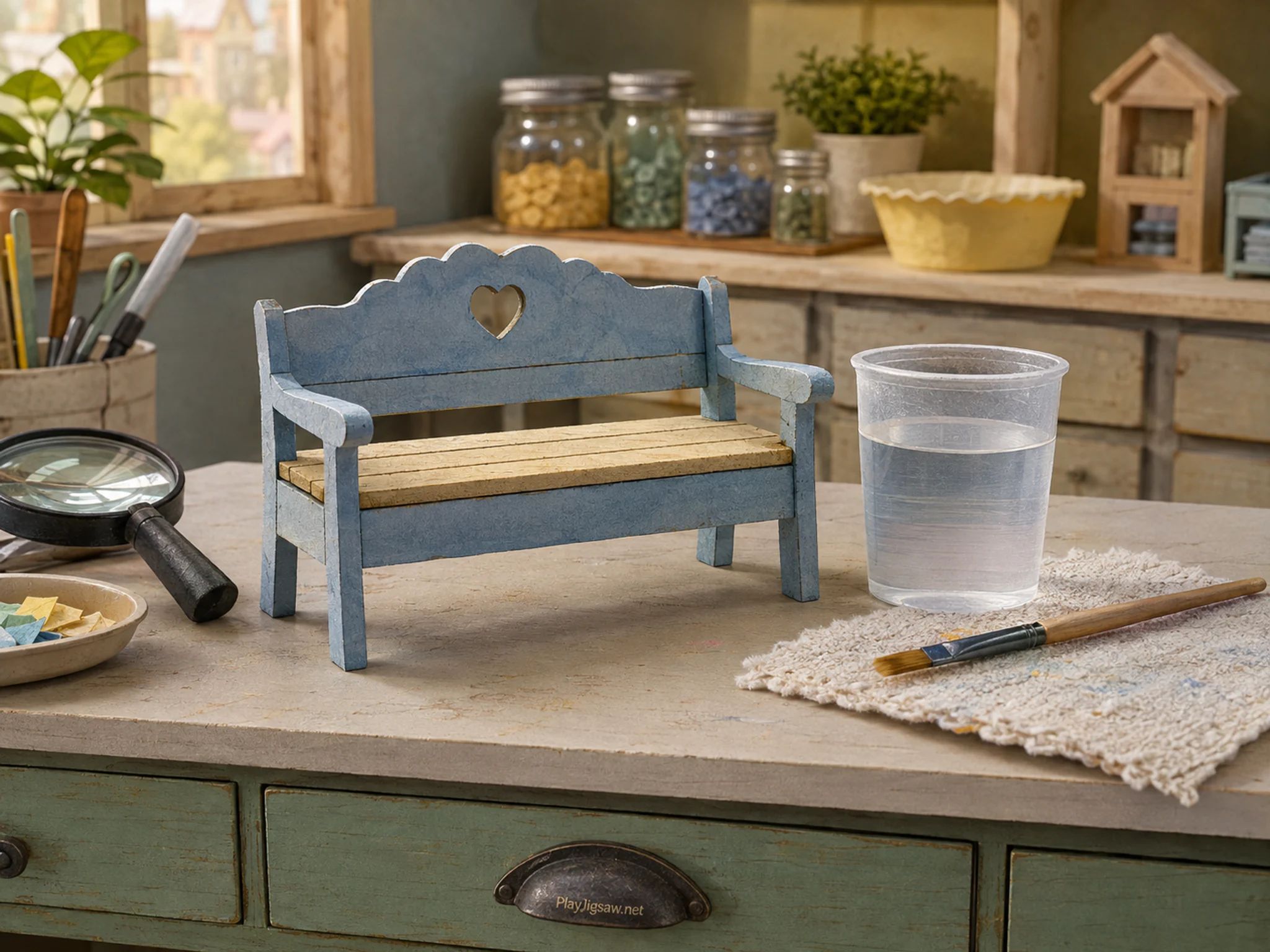 dollhouse bench set up naturally beside a washable sample cup in a kitchen microscope activity table with jars and safe craft tools, with familiar objects and soft overcast.