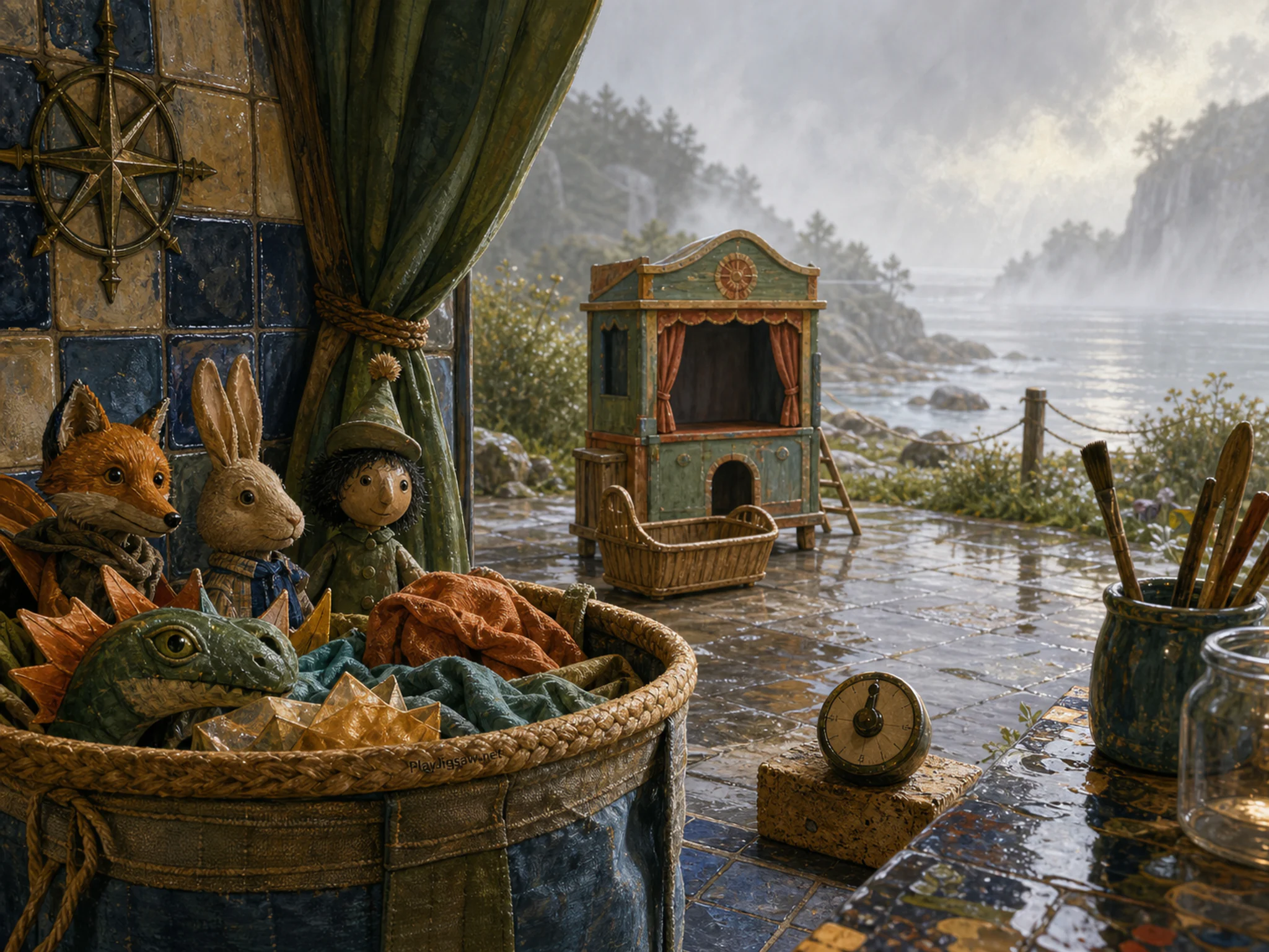 Puppet Theater waiting behind fabric prop basket in a washable art classroom, composed as close foreground detail on one side balanced by a small complete subject in the opposite.