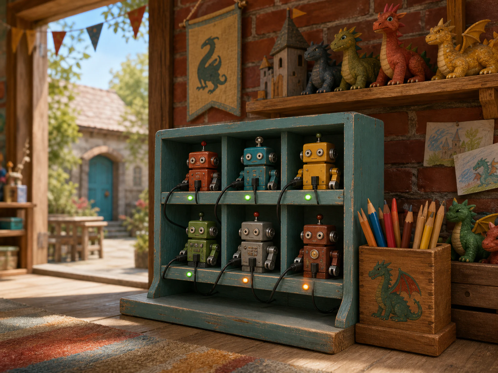 robot charging shelf set up naturally beside a wooden pencil caddy without text in a classroom puppet shelf arranged like a tiny dragon shop after school, with familiar objects.