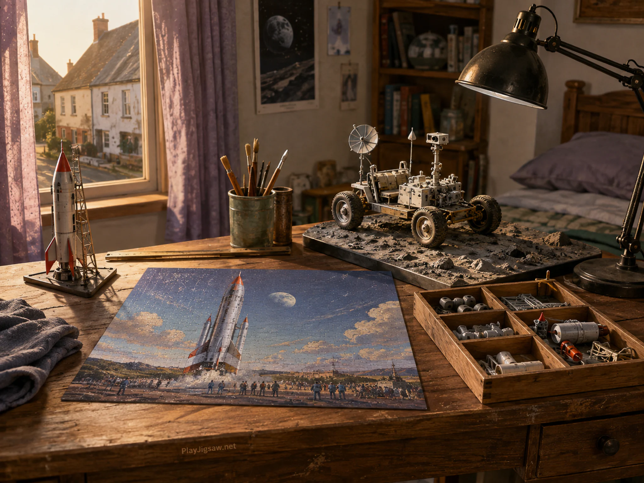rocket club table set up naturally beside a small wooden parts tray in a bedroom moon-rover model desk with a desk lamp, with familiar objects and warm late-day sunlight.