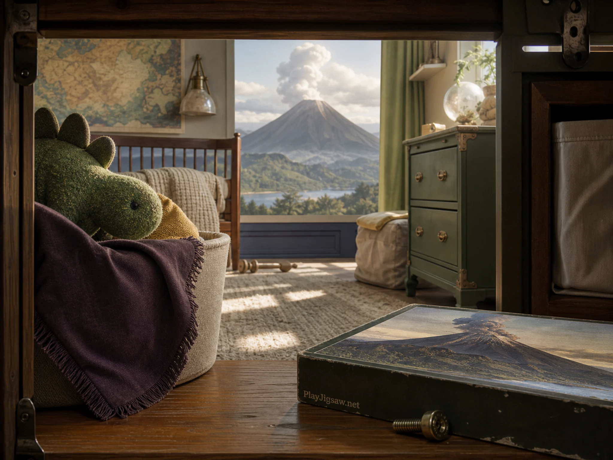 Volcano Desk waiting behind fabric prop basket in a calm nursery room, composed as view through a practical opening such as a hatch, arch, shelf gap, or equipment frame under.