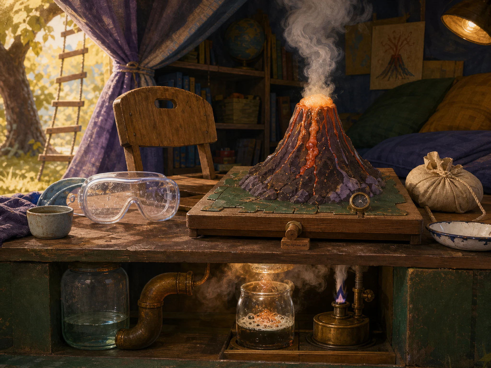 Volcano Desk being tested beside clear safety goggles in a cozy child-built hideaway, composed as split-level composition showing above and below, inside and outside, or wet and.