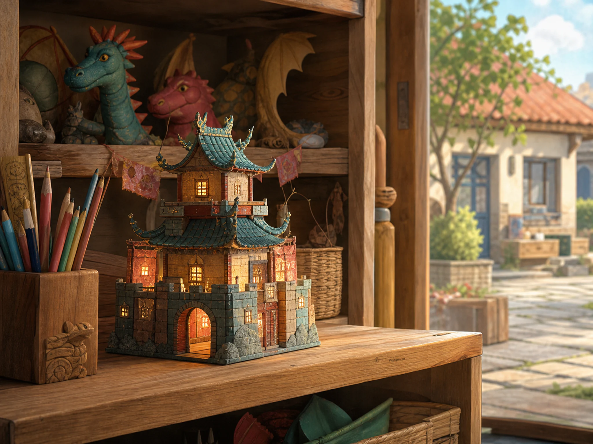 lantern fort set up naturally beside a wooden pencil caddy without text in a classroom puppet shelf arranged like a tiny dragon shop after school, with familiar objects and clear.