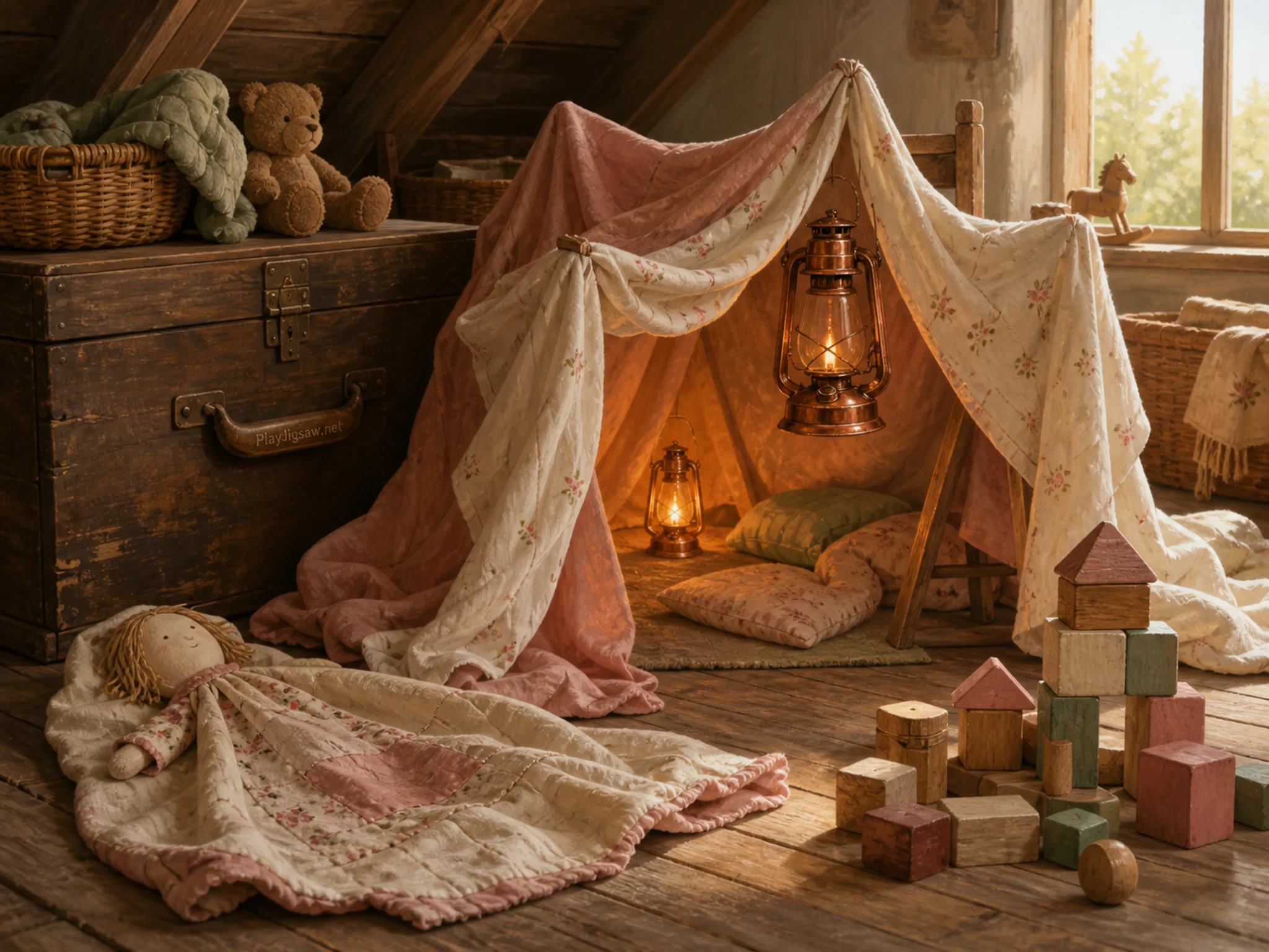 lantern fort set up naturally beside a cloth doll blanket with no character in an attic toy-chest corner with building blocks, with familiar objects and golden kitchen-window.