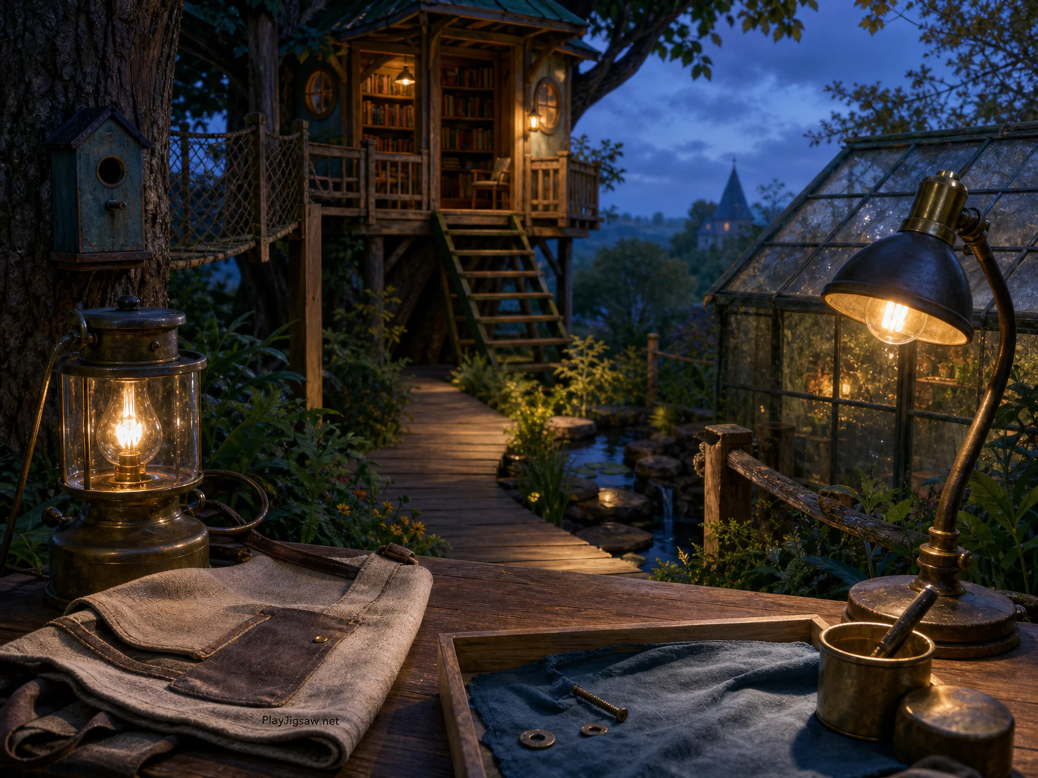 Reading Treehouse assembled across sorted wooden parts box in a bright outdoor play space, composed as view from behind a foreground work surface toward a narrow diagonal route.