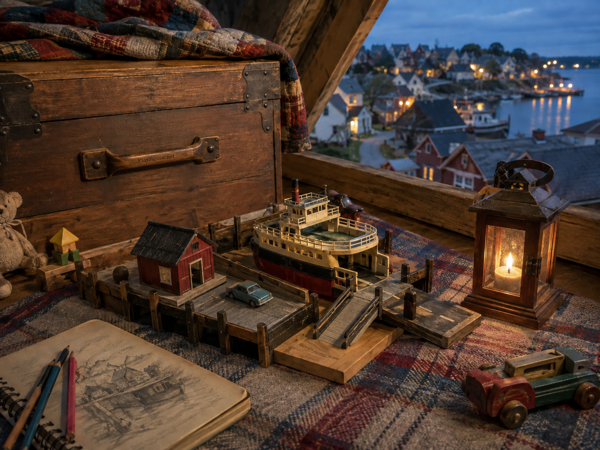 ferry dock set set up naturally beside a small wooden lantern in a blanket attic camp beside a familiar toy chest, with familiar objects and cool blue-hour light.
