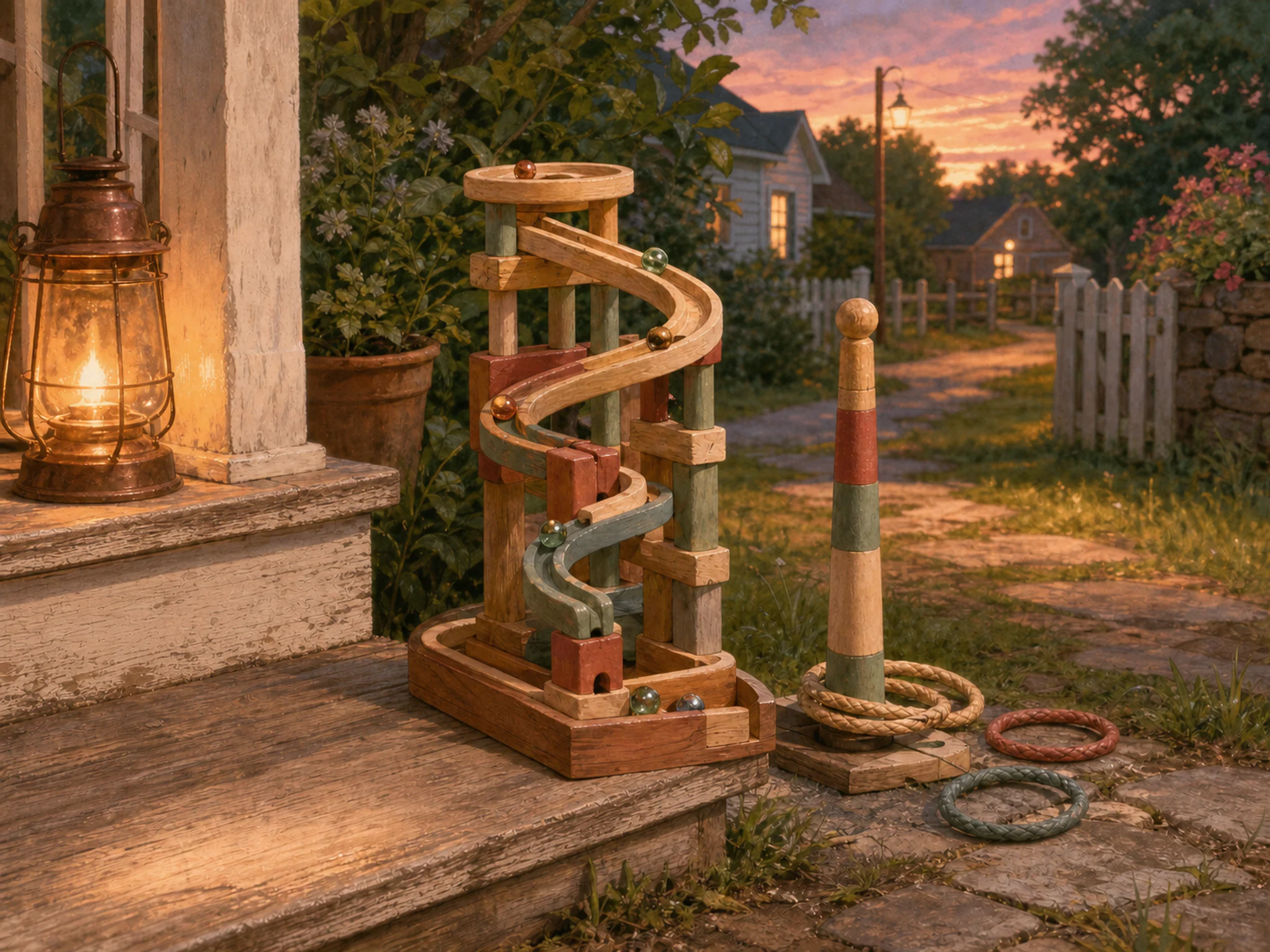 marble run set up naturally beside a painted score peg without numbers in a backyard ring-toss setup beside a small porch, with familiar objects and warm lamplight at dusk.