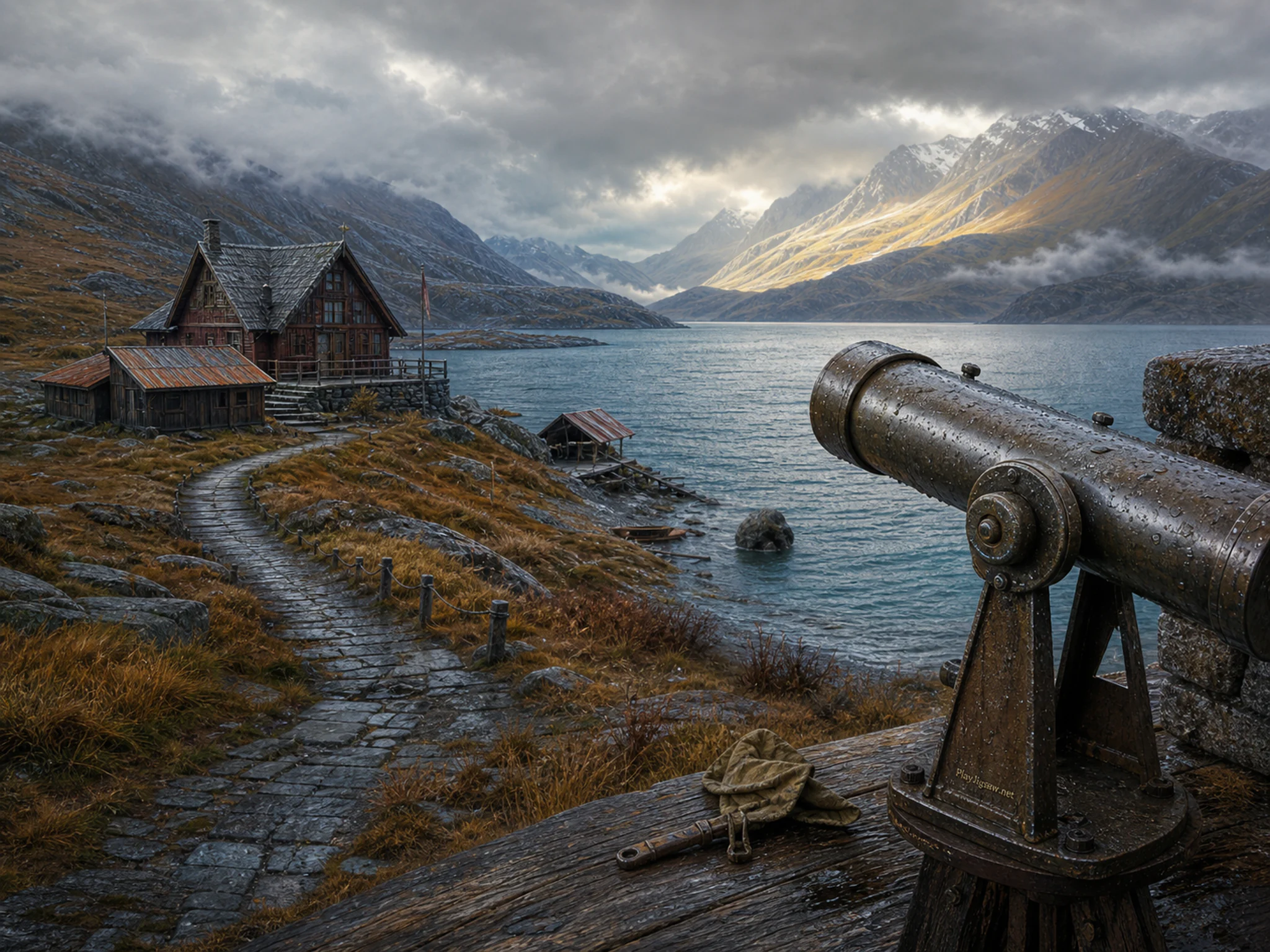 Cabin Lake overlooking weathered field telescope in a layered alpine shoreline, composed as high oblique landscape view with four large terrain or roof shapes, a navigable route.