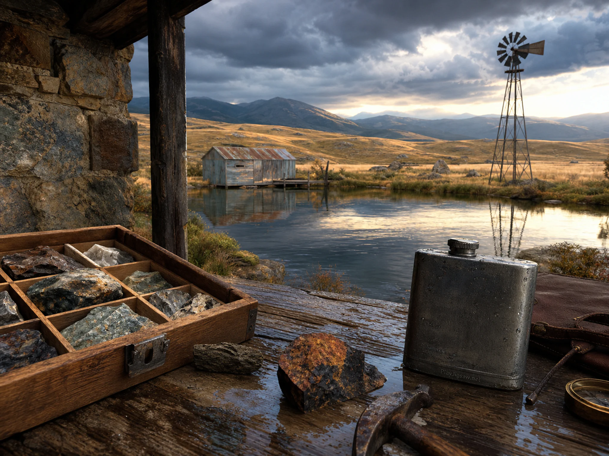 Cabin Lake framing geologist sample box in a cultivated rolling plain, composed as off-center subject mirrored in water, glass, wet stone, or polished metal without relying on.