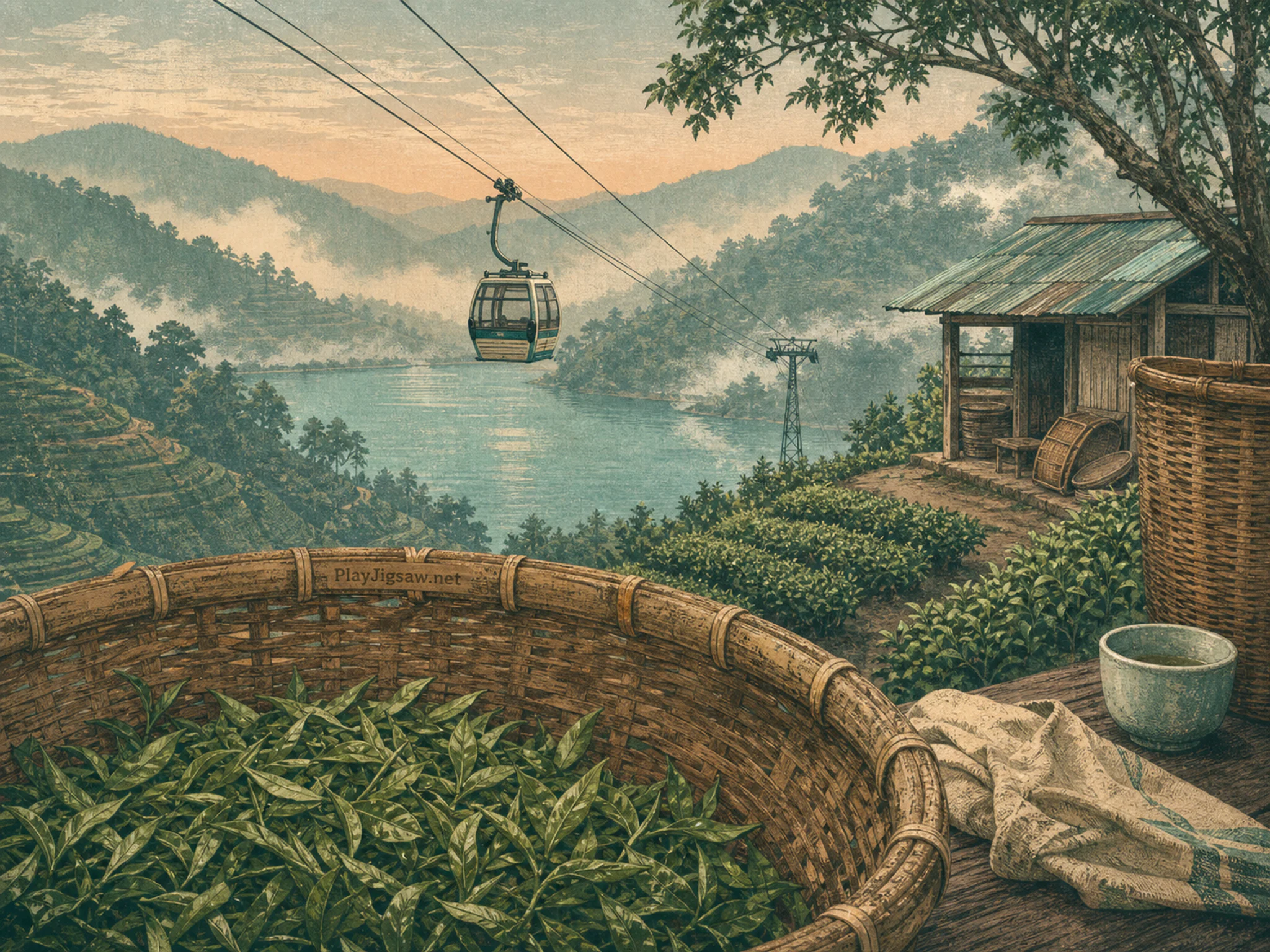 cable car lake opening beyond a woven harvest basket in a misty tea-growing hillside with a modest worker shed and no people, with familiar objects and calm misty dawn.