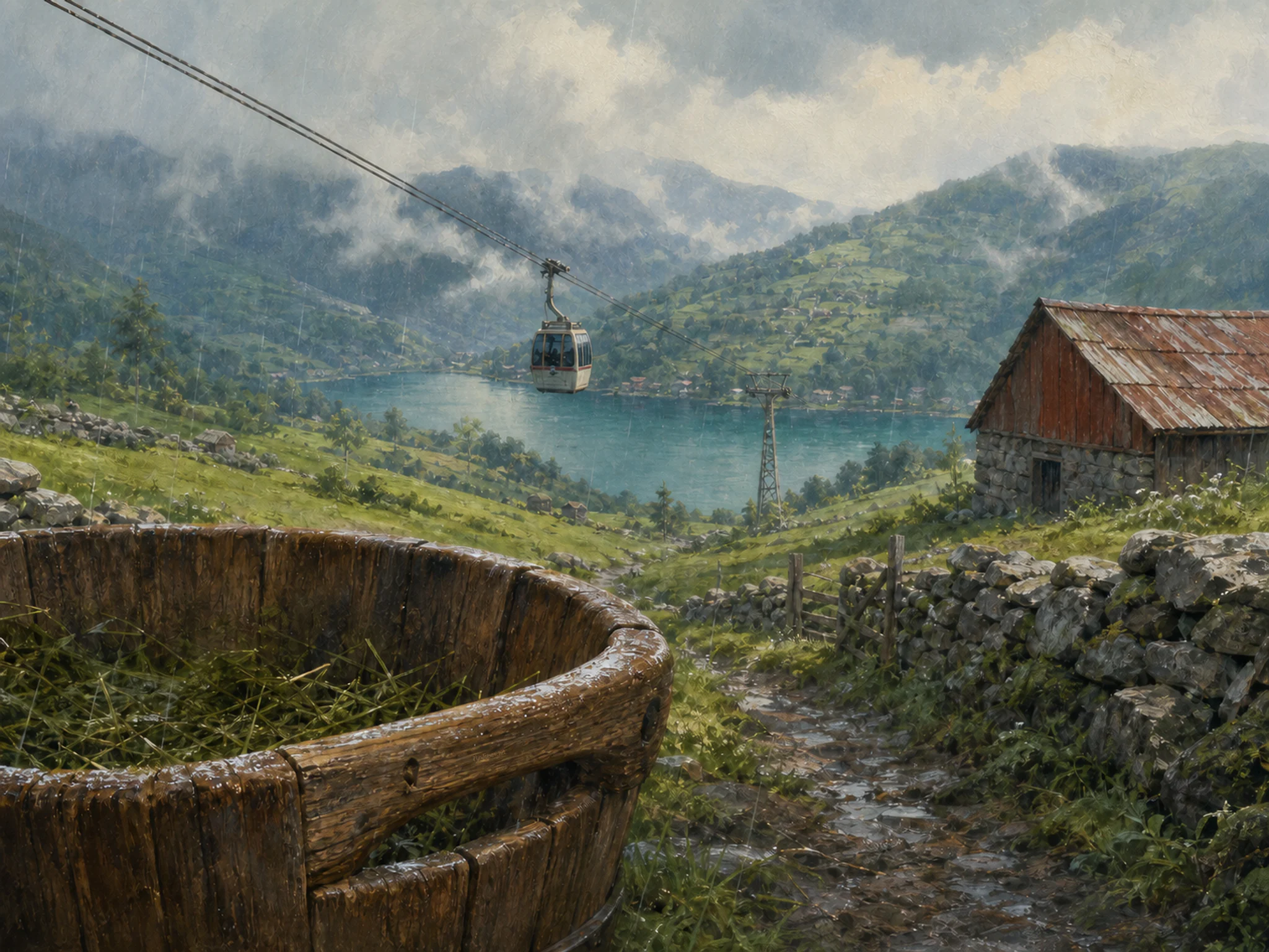 cable car lake opening beyond a wooden feed bucket in misty tea mountains above a highland pasture with stone fences and a barn, with familiar objects and gentle rain with crisp.