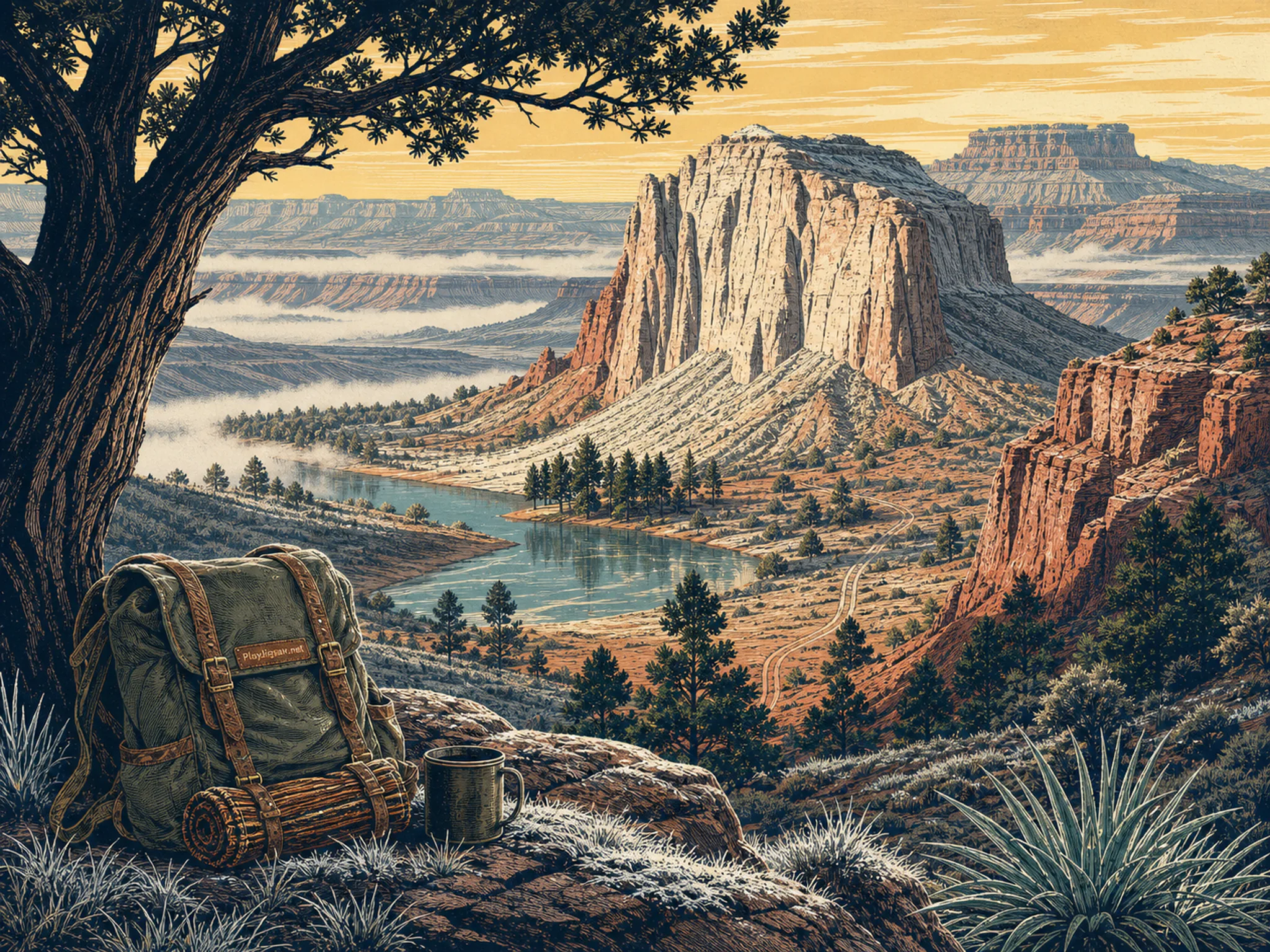 Canyon Oasis overlooking weathered field telescope in a dramatic geological formation, composed as compressed long-lens layers with one dominant silhouette, two partial overlaps.