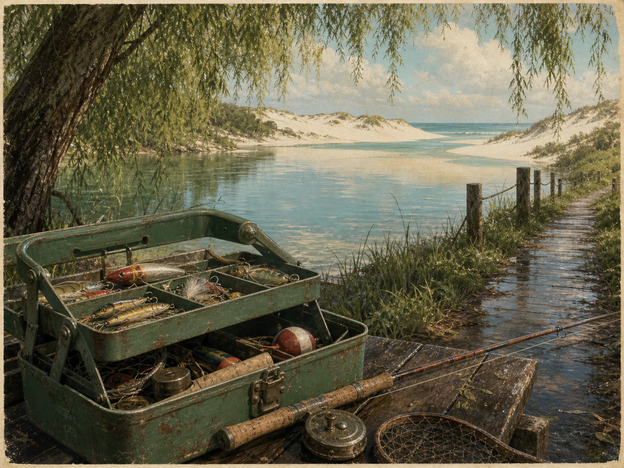 white dune lagoon opening beyond a green fishing tackle box in a quiet riverbank with willow trees and a wooden footpath, with familiar objects and sun after a brief rain shower.
