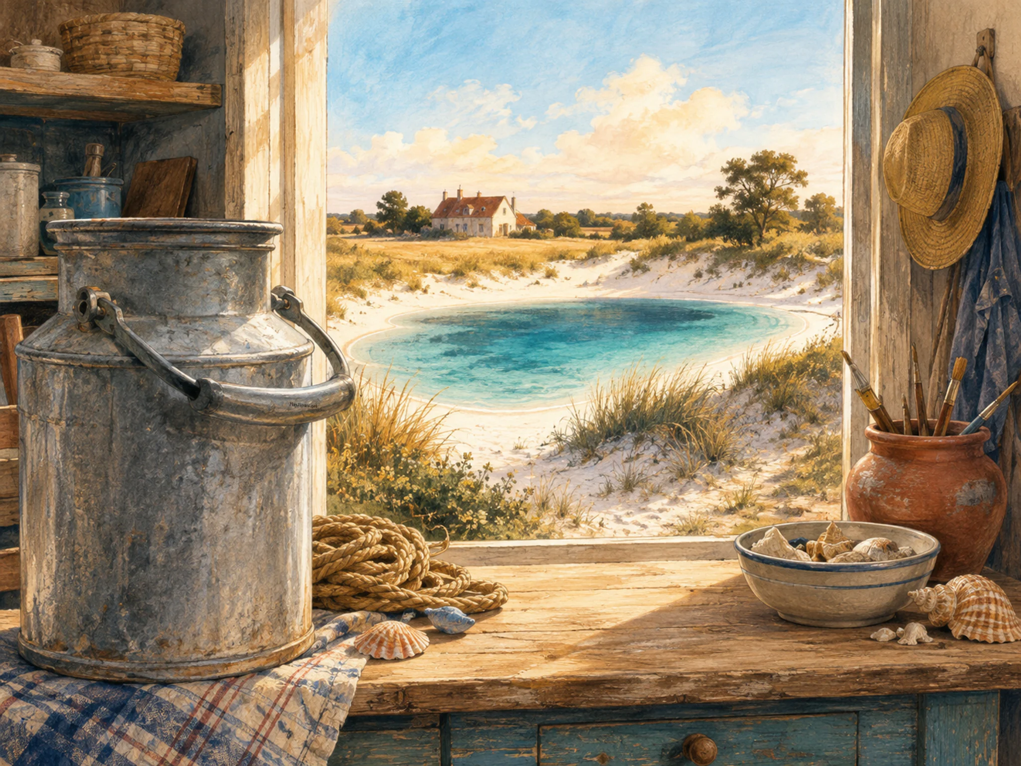 white dune lagoon opening beyond a galvanized milk can in a hay meadow behind a familiar farmhouse, with familiar objects and golden kitchen-window light.