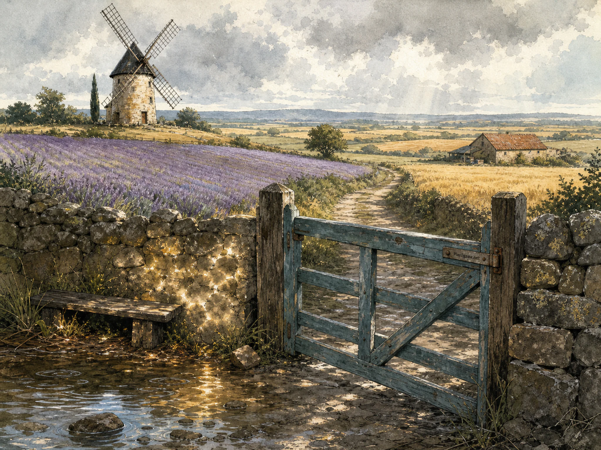 Lavender Windmill leading toward painted farm gate in a cultivated rolling plain, composed as low route-level view with the main subject crossing two depth planes and three.