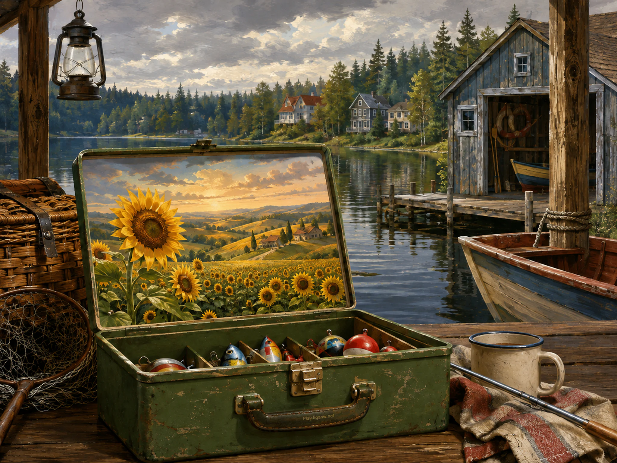 sunflower hills opening beyond a green fishing tackle box in a calm forest lake beside a small wooden boat shed, with familiar objects and soft overcast afternoon.