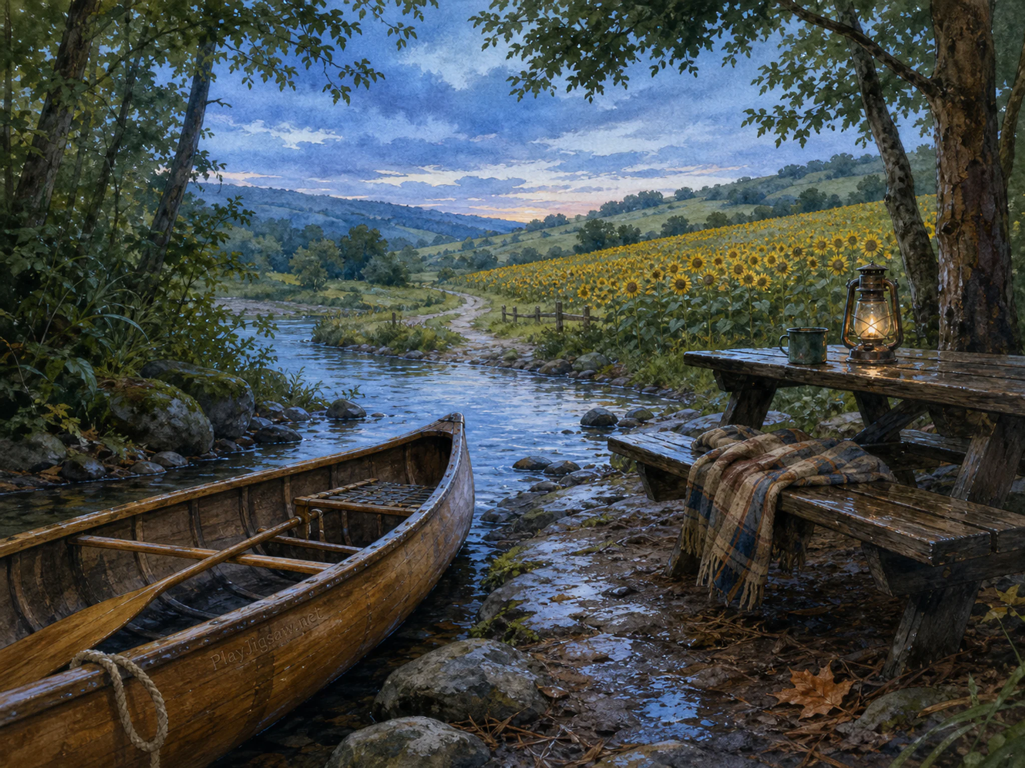 sunflower hills opening beyond a small wooden canoe in a forest-river canoe landing near a familiar picnic bench, with familiar objects and cool blue-hour light.