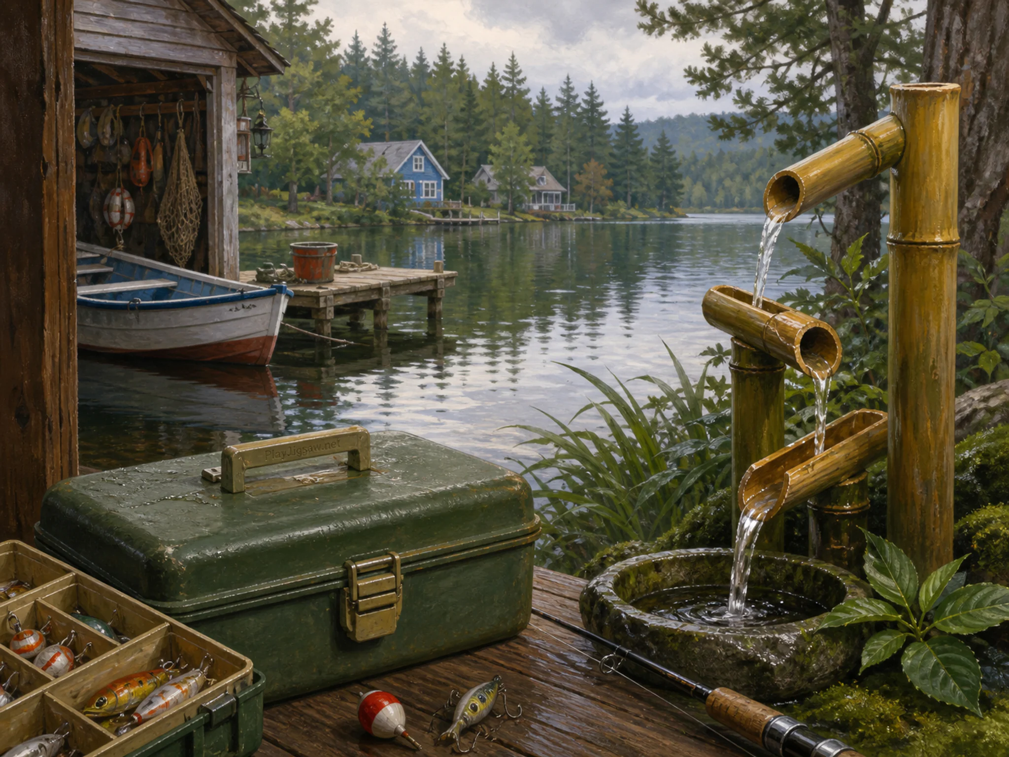 bamboo waterfall opening beyond a green fishing tackle box in a calm forest lake beside a small wooden boat shed, with familiar objects and soft overcast afternoon.