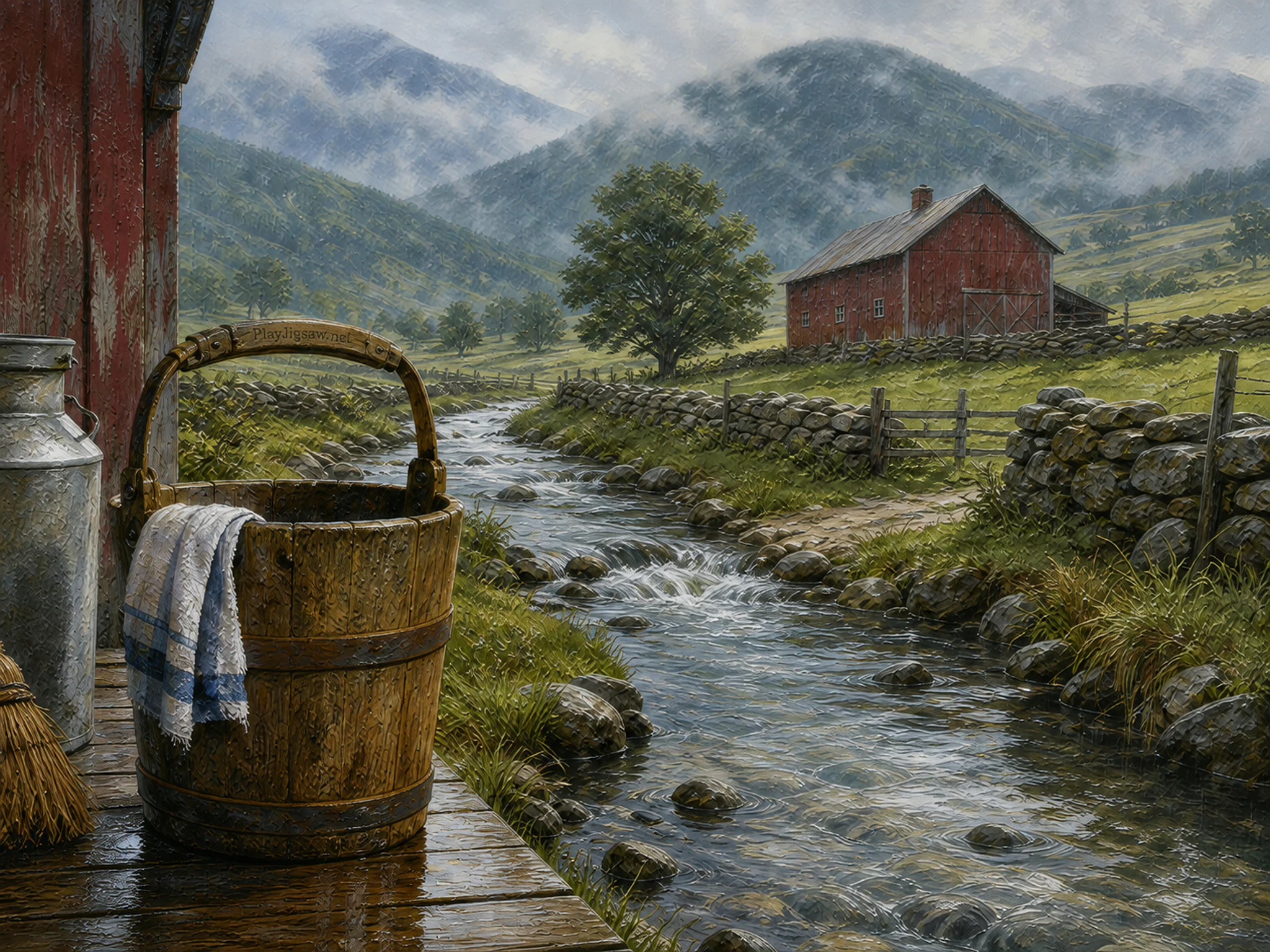birch creek opening beyond a wooden feed bucket in misty tea mountains above a highland pasture with stone fences and a barn, with familiar objects and gentle rain with crisp.