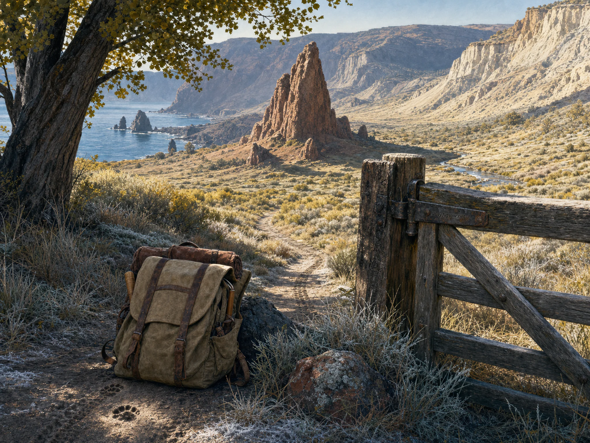 Basalt Coast following canvas hiking pack in a sculpted desert basin, composed as panoramic stepped-depth scene with five large landmarks and quiet intervals between texture-rich.
