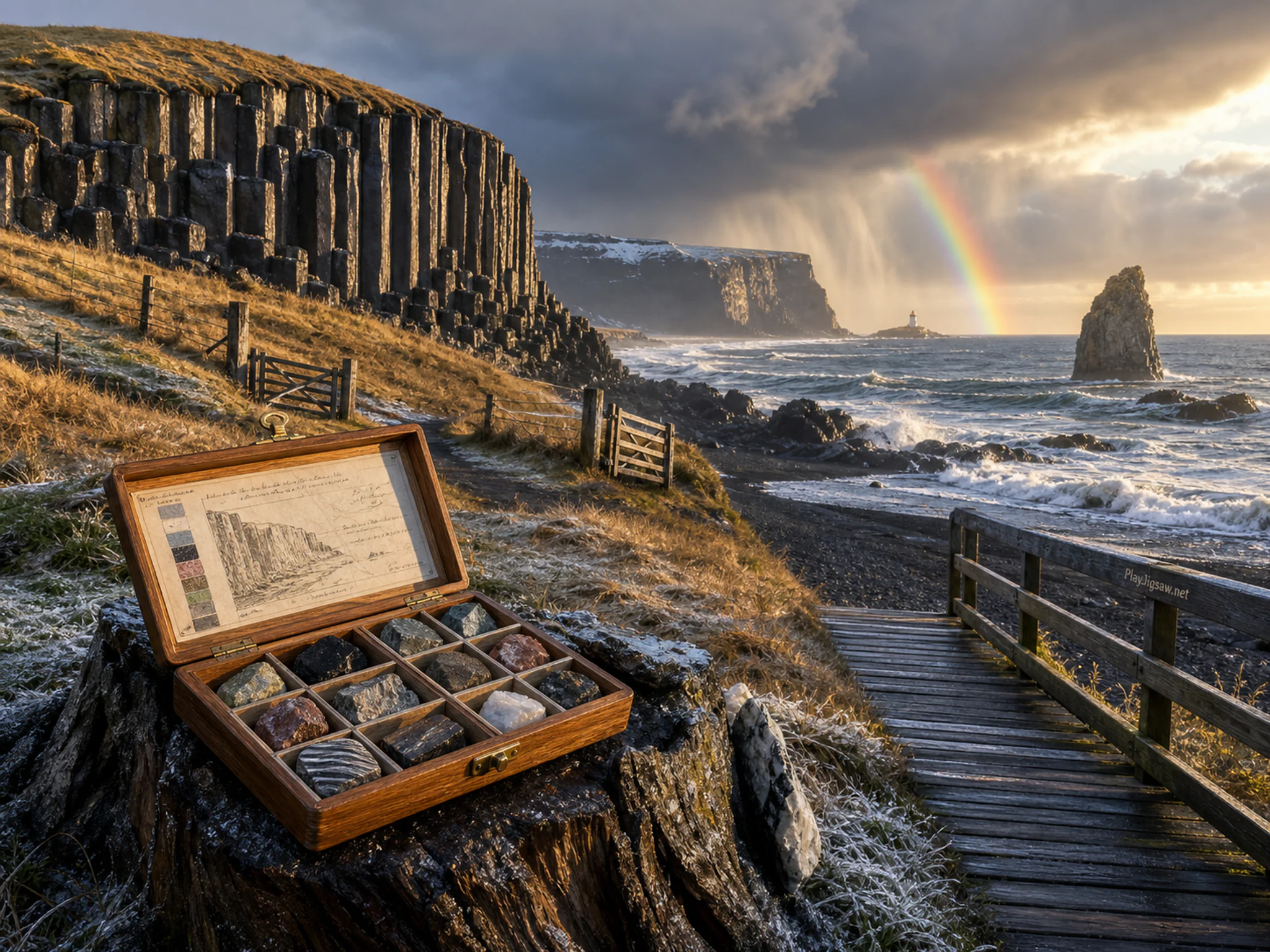 Basalt Coast framing geologist sample box in a weather-filled panoramic vista, composed as compressed long-lens layers with one dominant silhouette, two partial overlaps, and a.