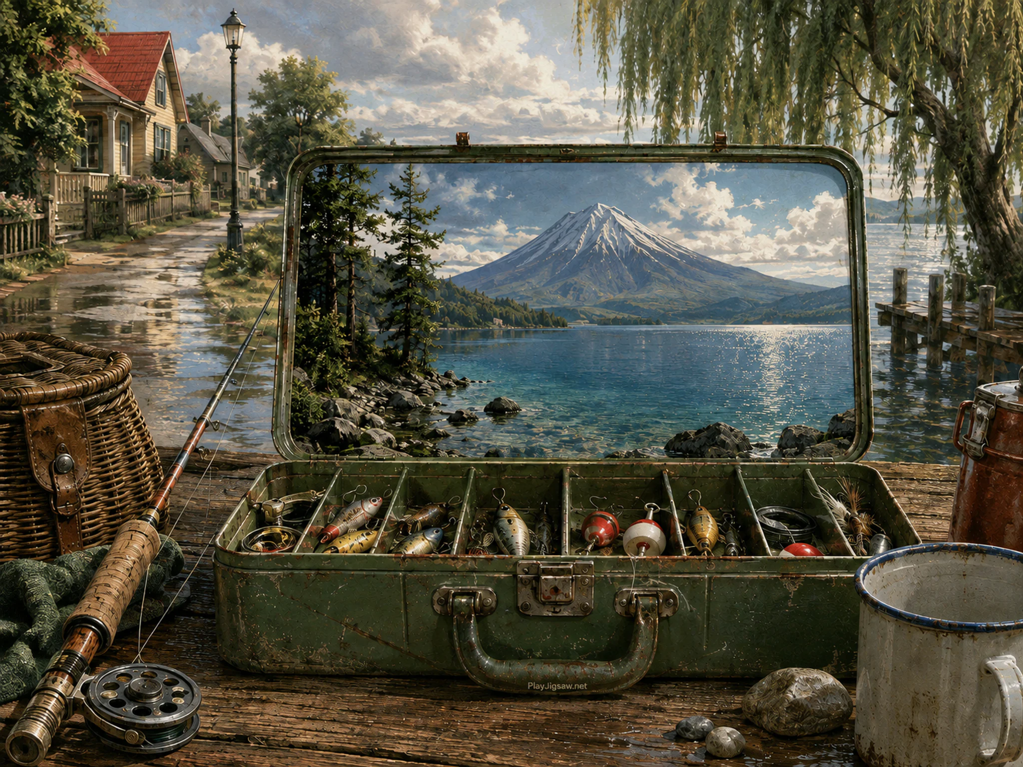 volcano lake opening beyond a green fishing tackle box in a quiet riverbank with willow trees and a wooden footpath, with familiar objects and sun after a brief rain shower.