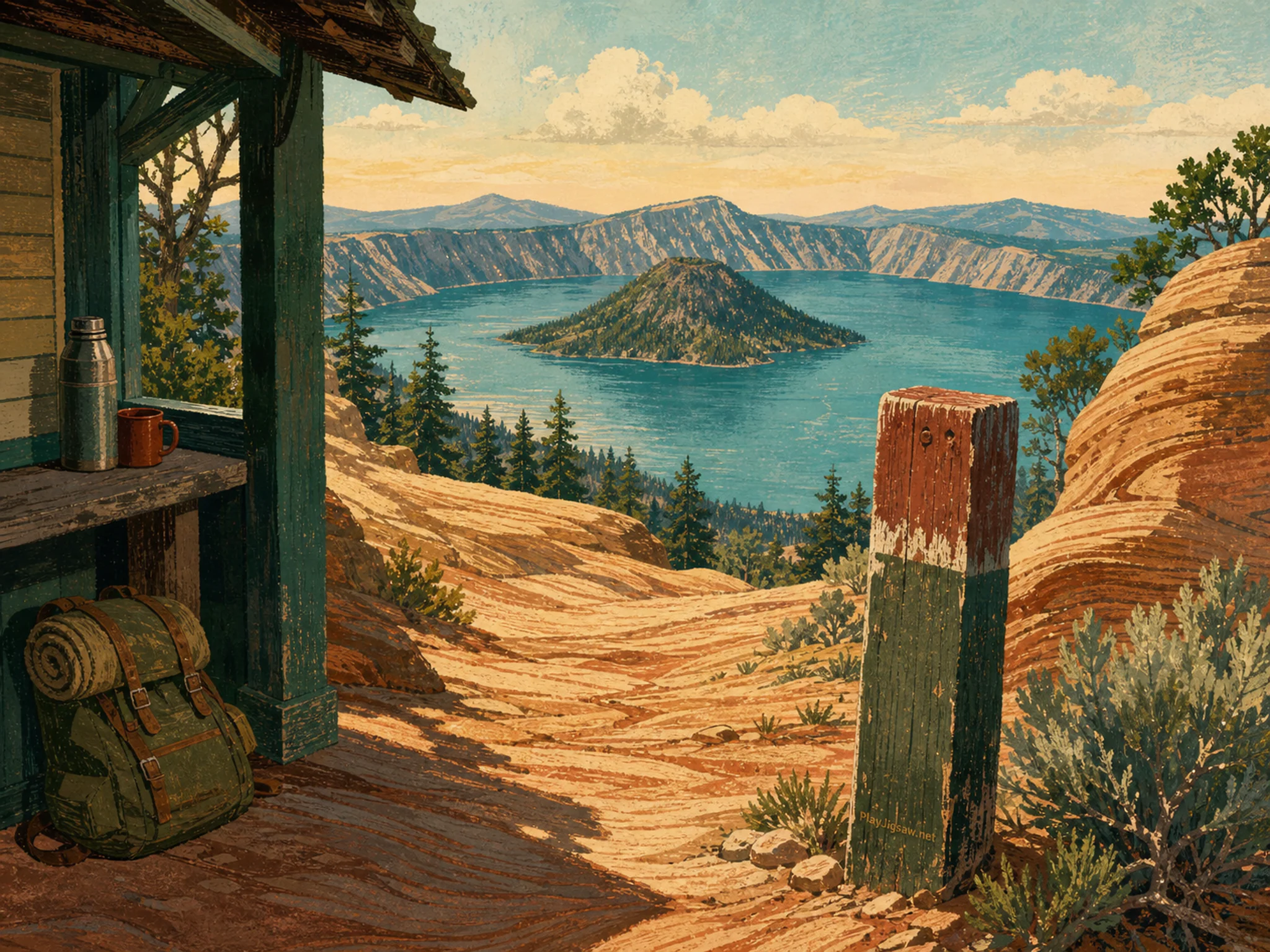 volcano lake opening beyond a painted trail post in a sandstone-wave trail viewpoint beside a modest roadside shelter, with familiar objects and warm late-day sunlight.