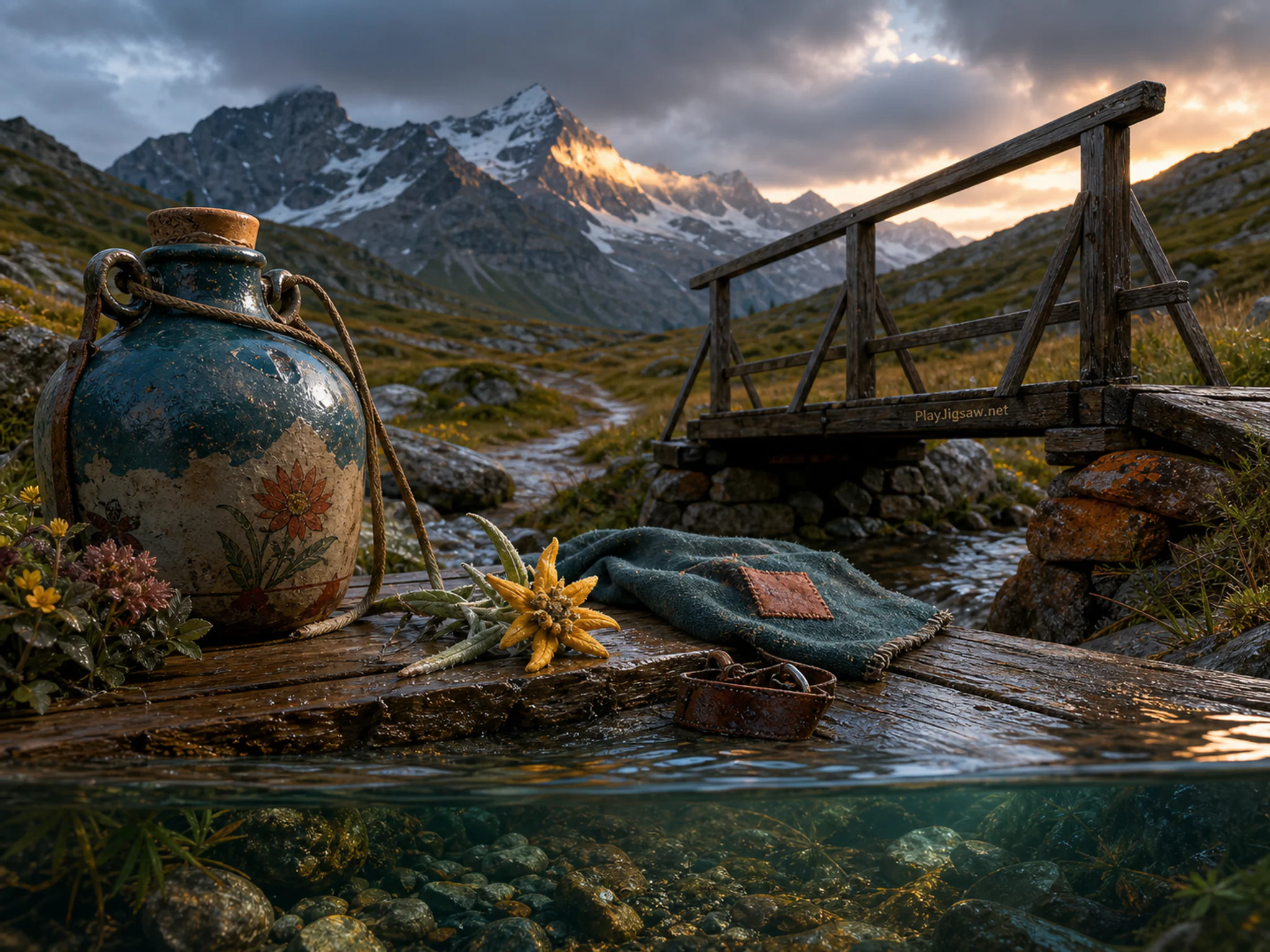 Alpine Flower Pass resting beside ceramic water flask in an open highland meadow, composed as layered environmental section showing a clear above-below, near-far, wet-dry, or.