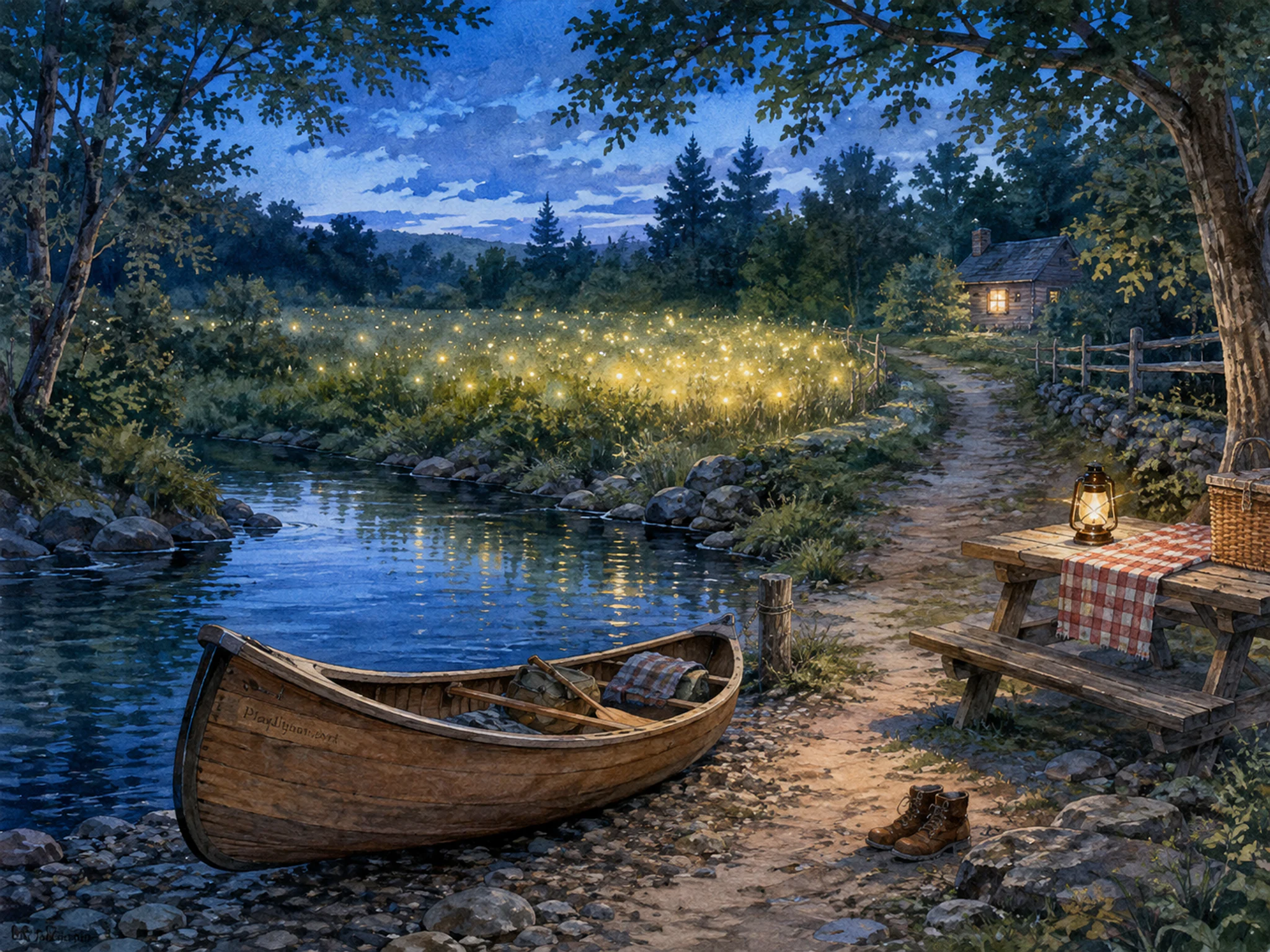 firefly meadow opening beyond a small wooden canoe in a forest-river canoe landing near a familiar picnic bench, with familiar objects and cool blue-hour light.