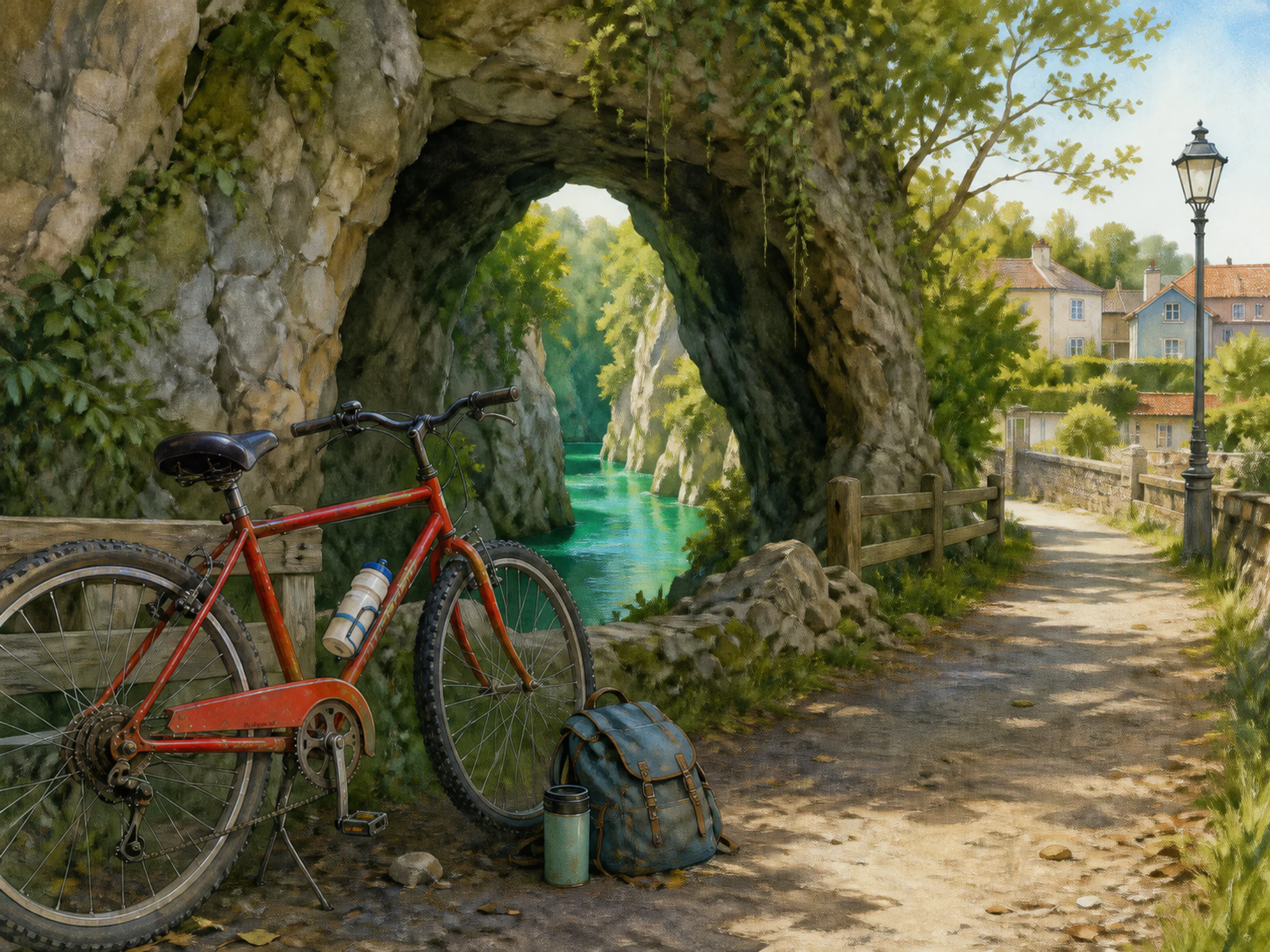 emerald gorge opening beyond a red trail bicycle in a mineral-cavern entrance beside a familiar country-park footpath, with familiar objects and clear early-morning light.